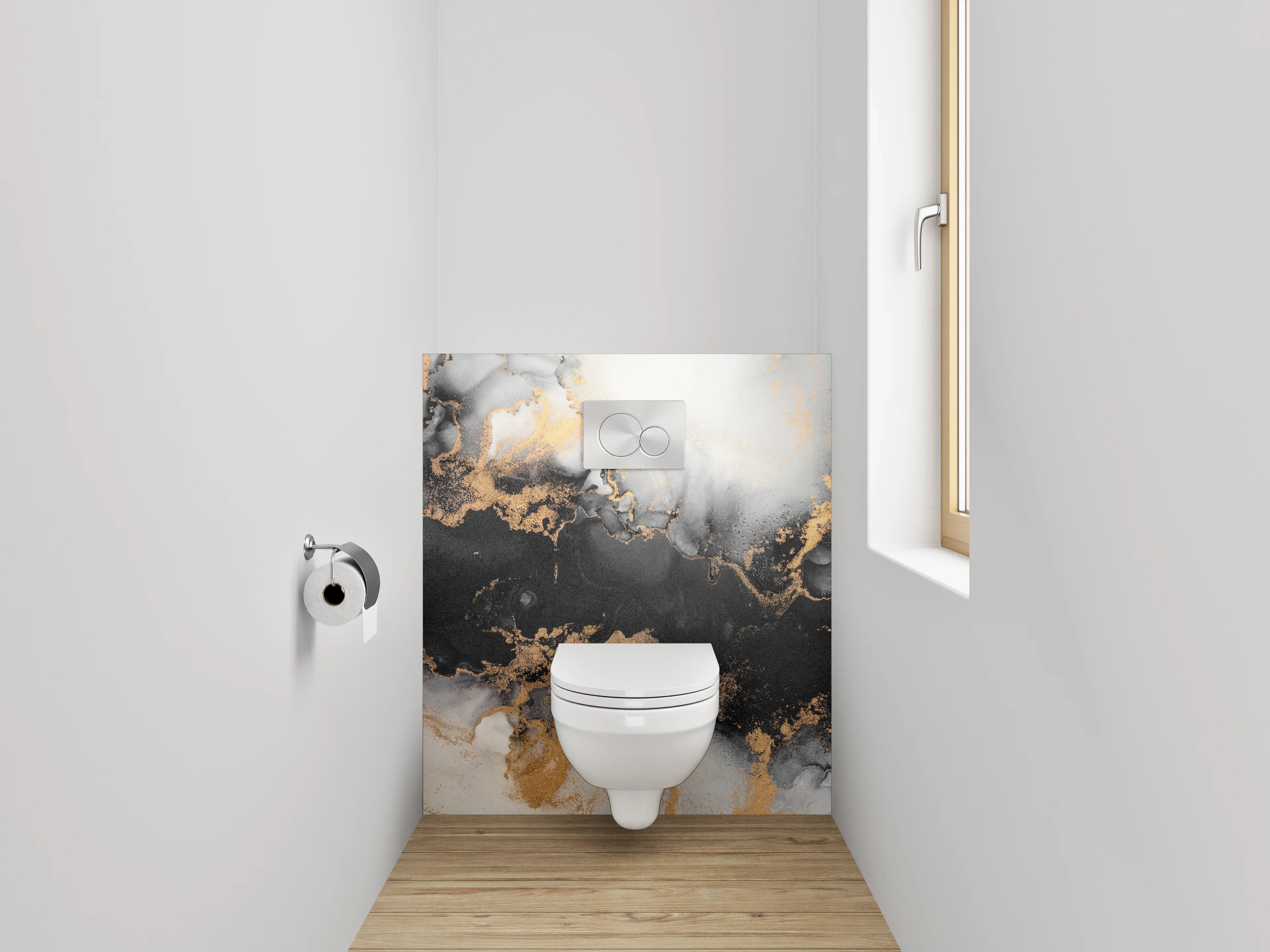 WC-Rückwand - Abstrakte Marmorstruktur in Gold und Schwarz