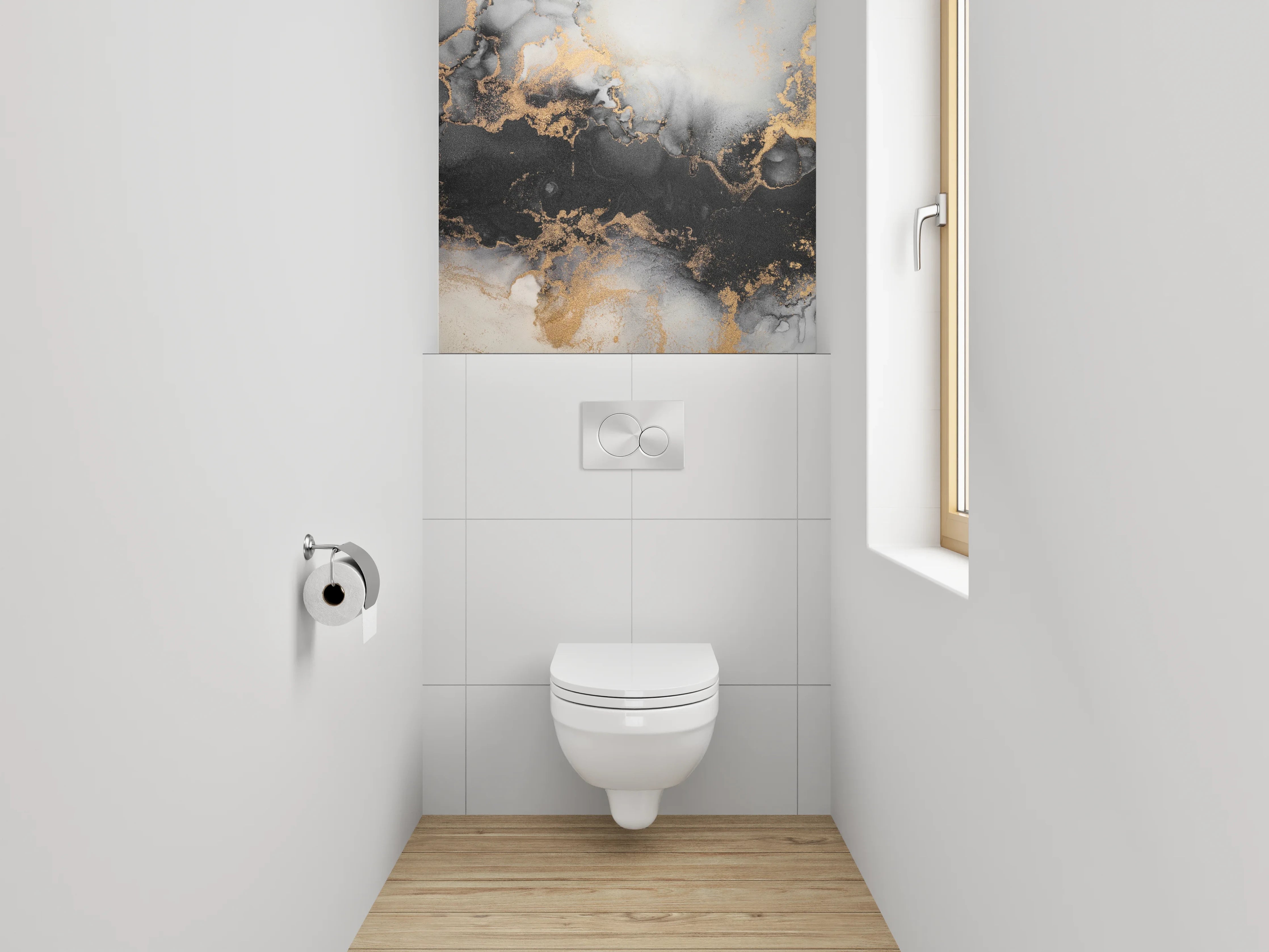 WC-Rückwand - Abstrakte Marmorstruktur in Gold und Schwarz