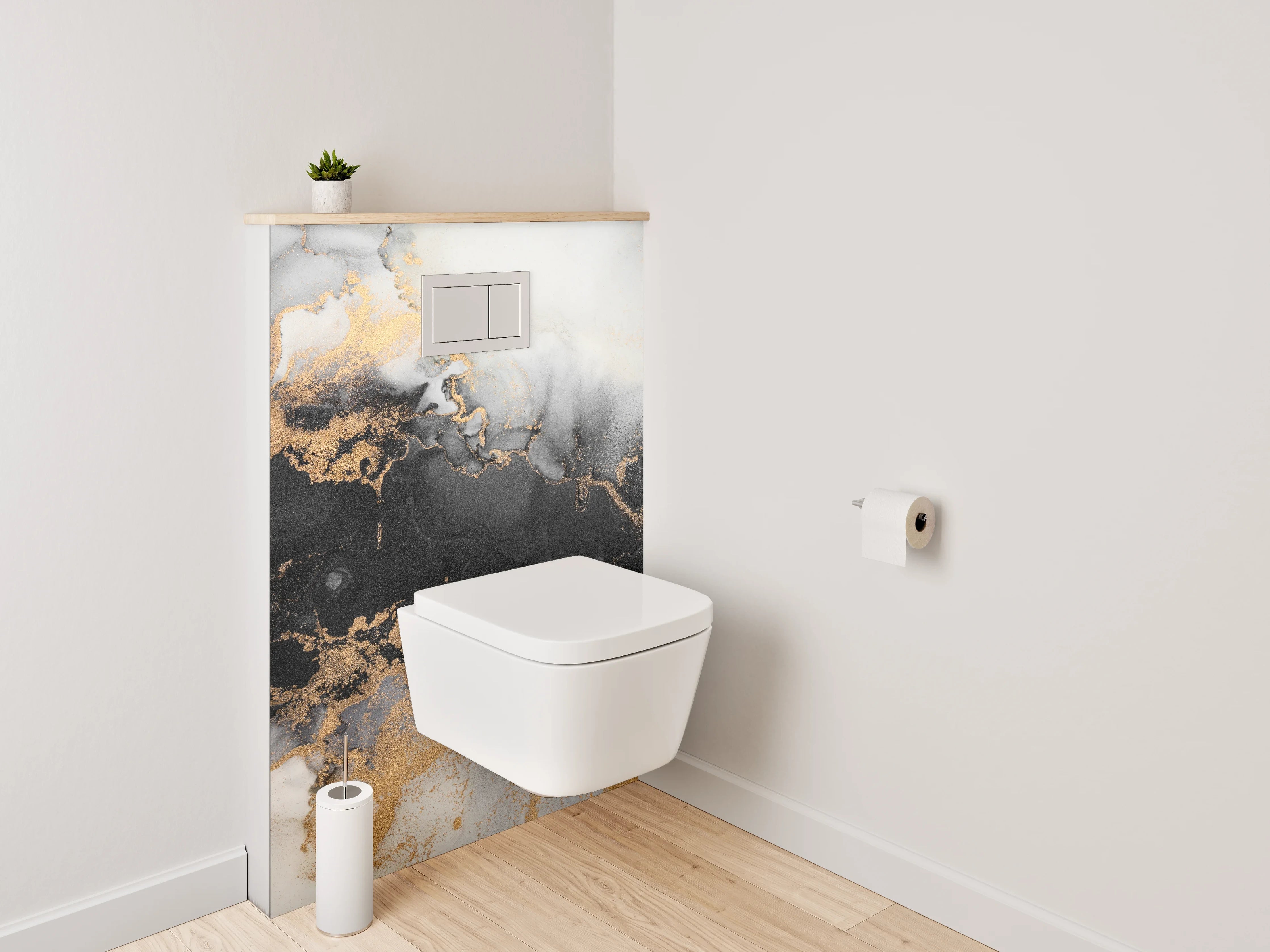 WC-Rückwand - Abstrakte Marmorstruktur in Gold und Schwarz