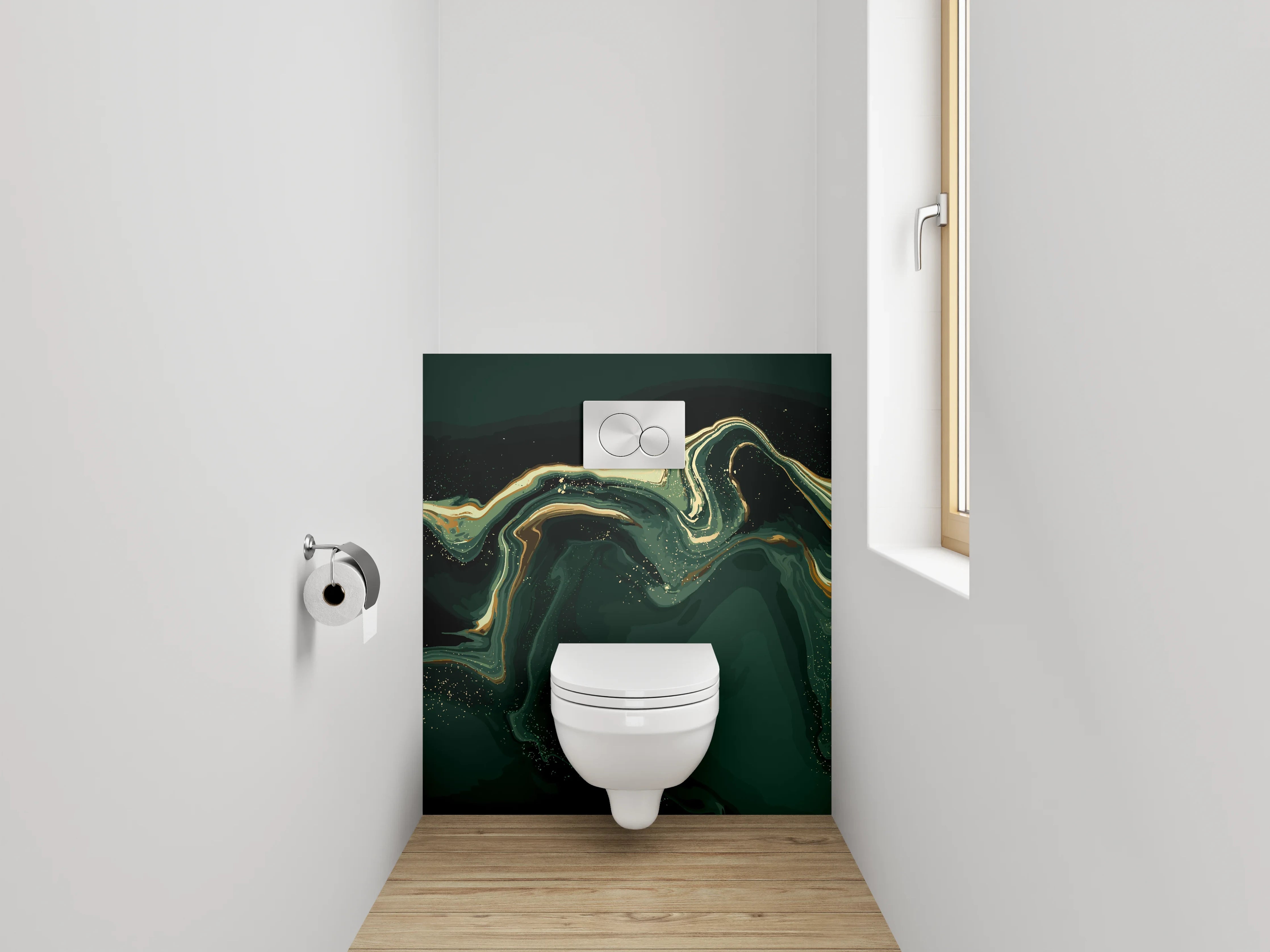 WC-Rückwand - Abstrakte Marmorwellen in Grün und Gold