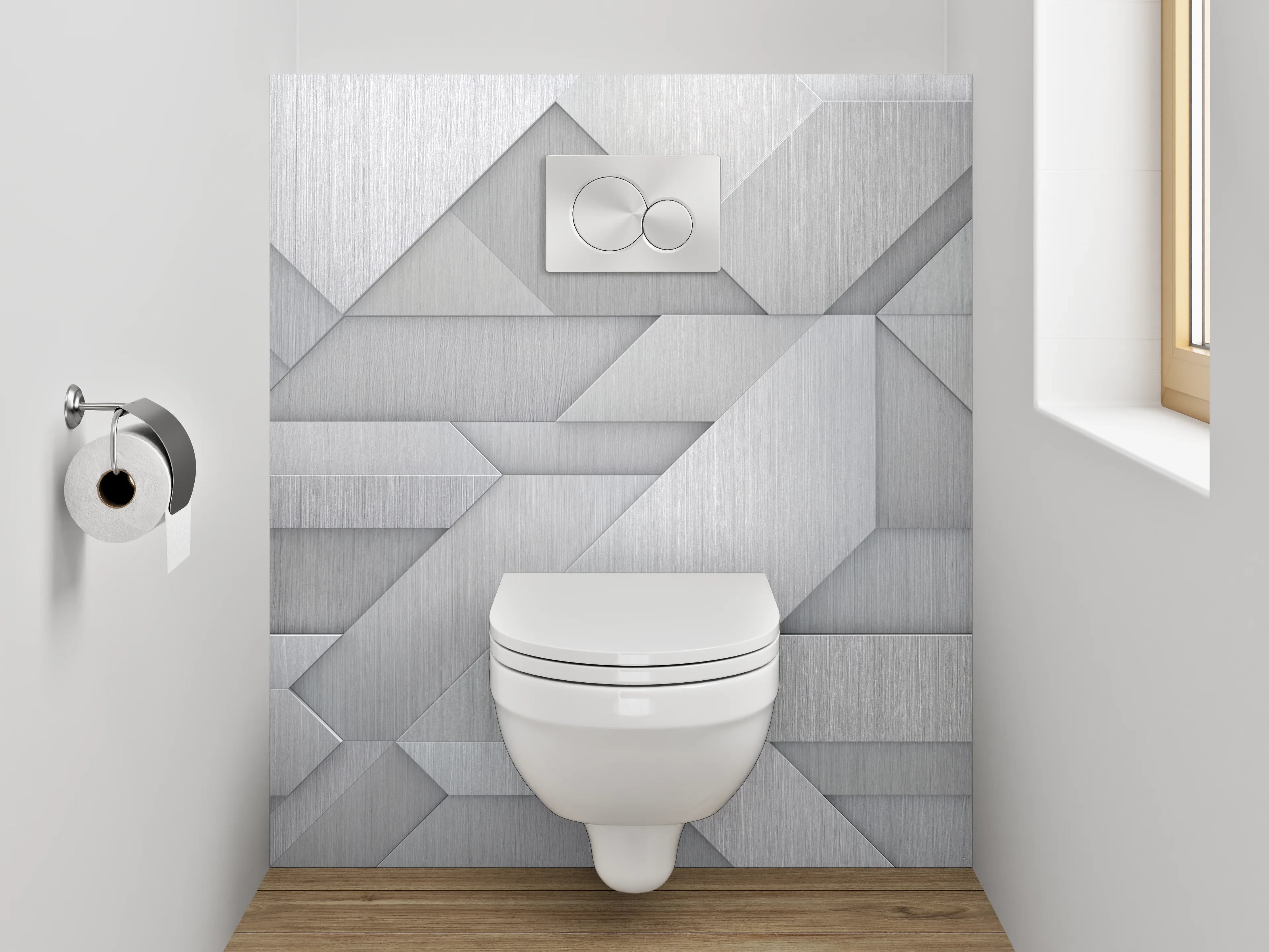 WC-Rückwand - Abstrakte Metallic-Geometrie in Silber und Grau