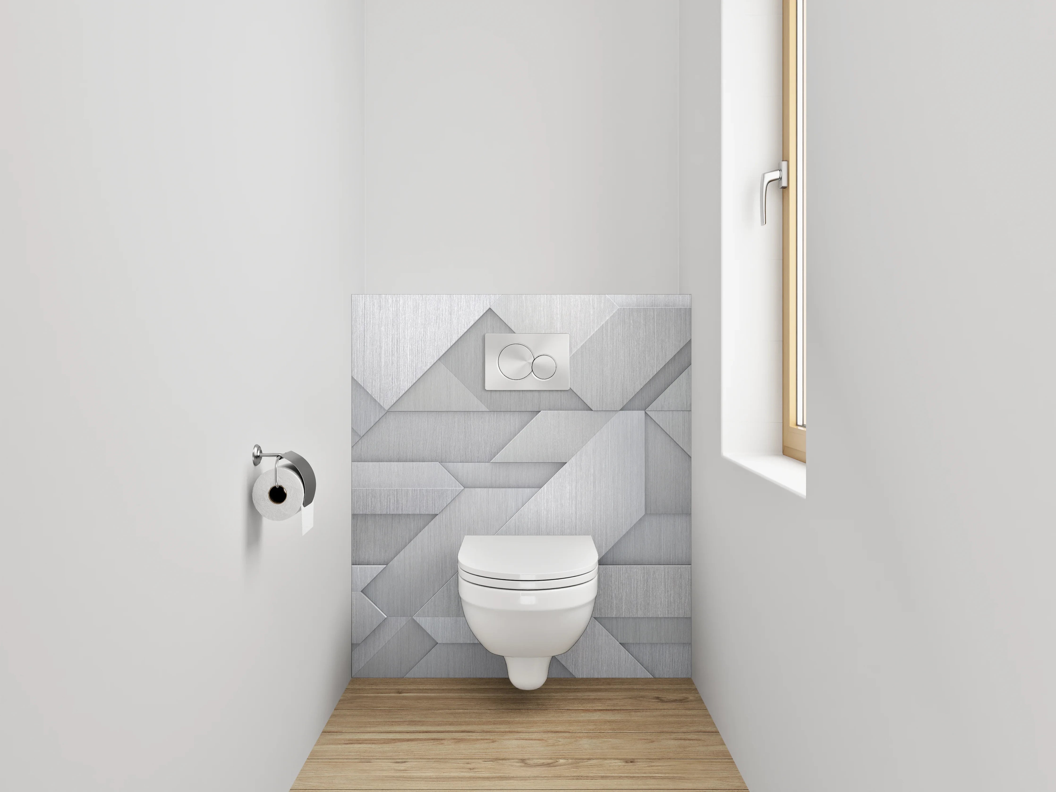 WC-Rückwand - Abstrakte Metallic-Geometrie in Silber und Grau