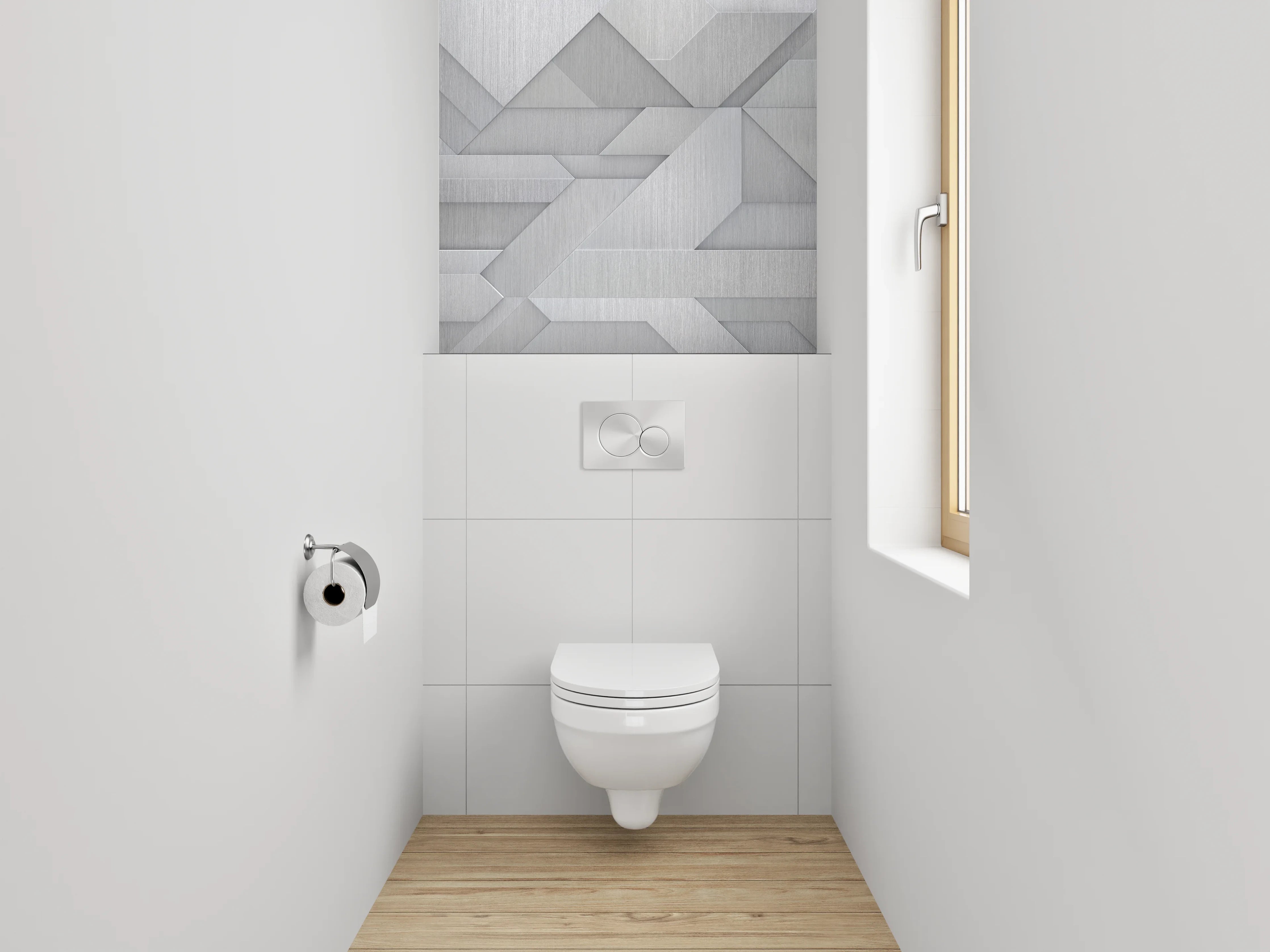 WC-Rückwand - Abstrakte Metallic-Geometrie in Silber und Grau