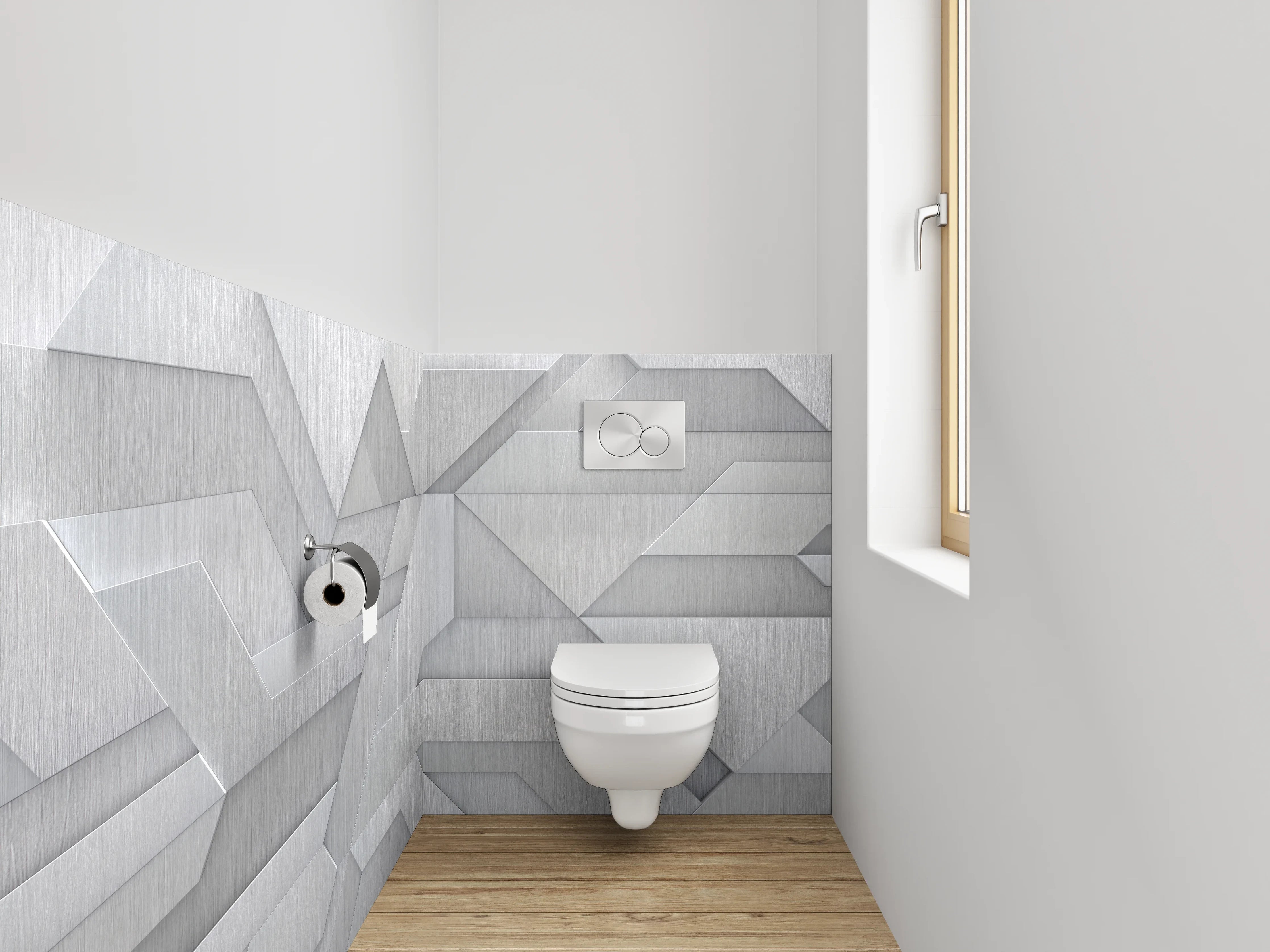 WC-Rückwand - Abstrakte Metallic-Geometrie in Silber und Grau