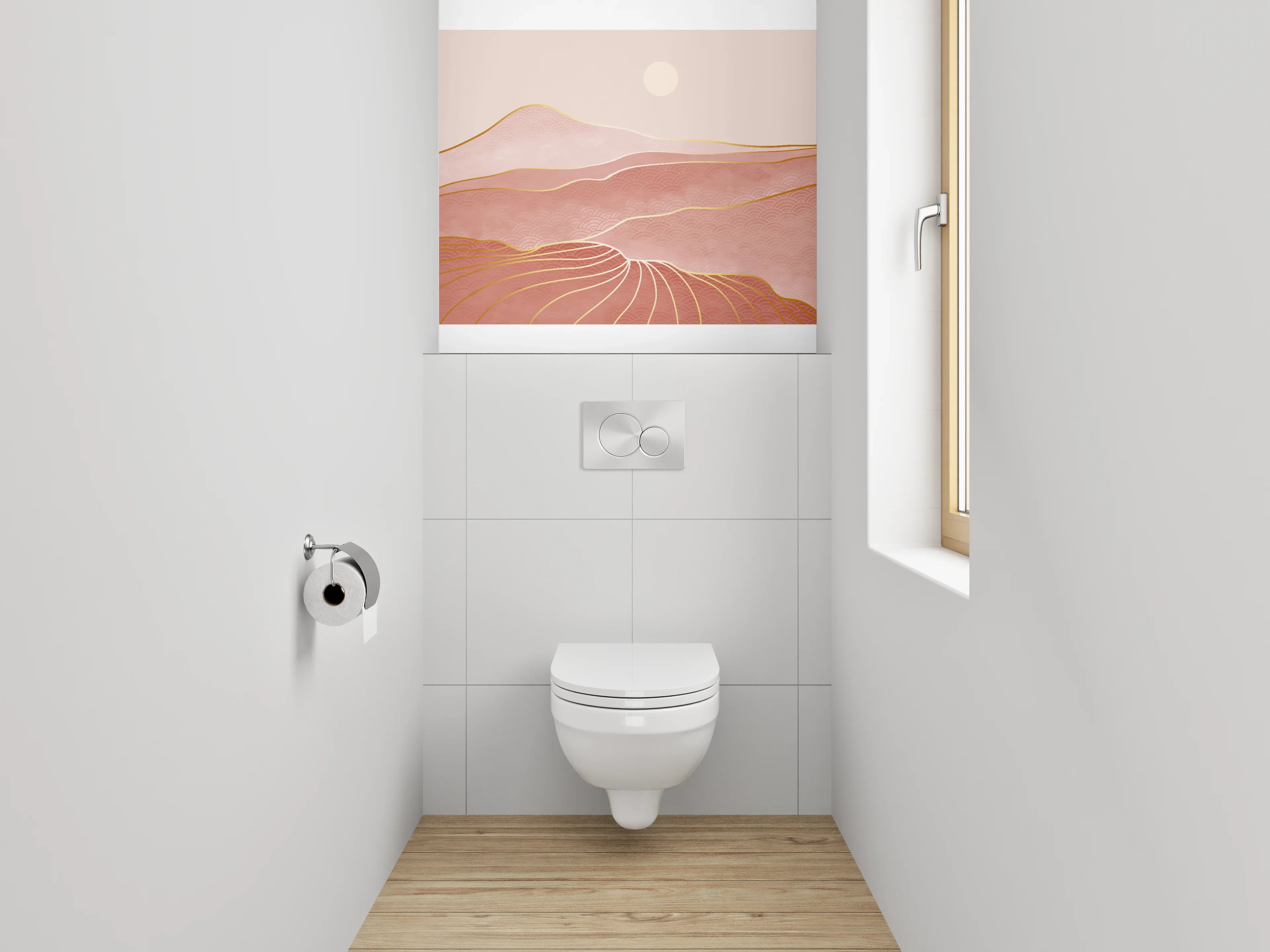 WC-Rückwand - Abstrakte Rosé-Landschaft mit Goldlinien