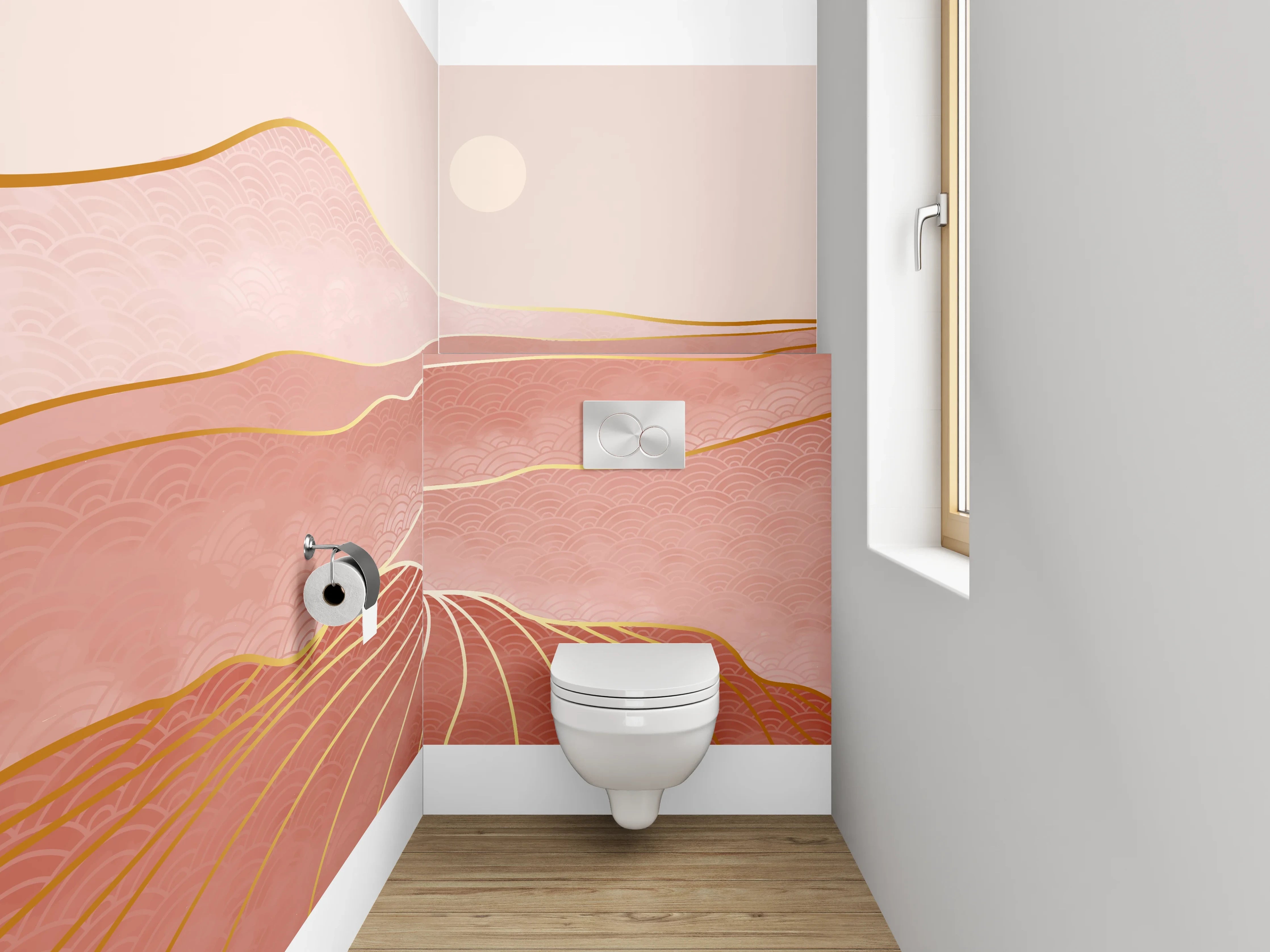 WC-Rückwand - Abstrakte Rosé-Landschaft mit Goldlinien