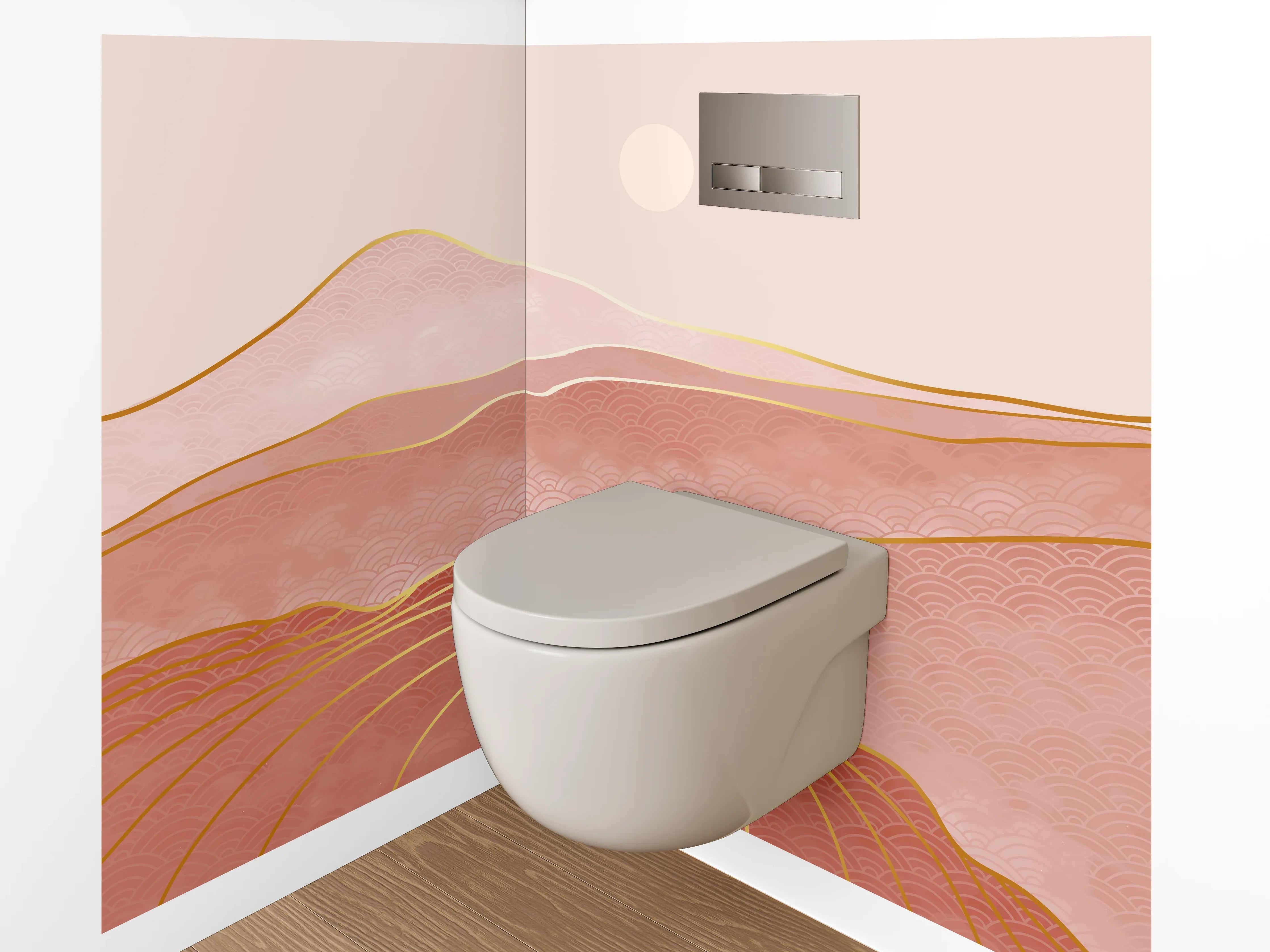 WC-Rückwand - Abstrakte Rosé-Landschaft mit Goldlinien