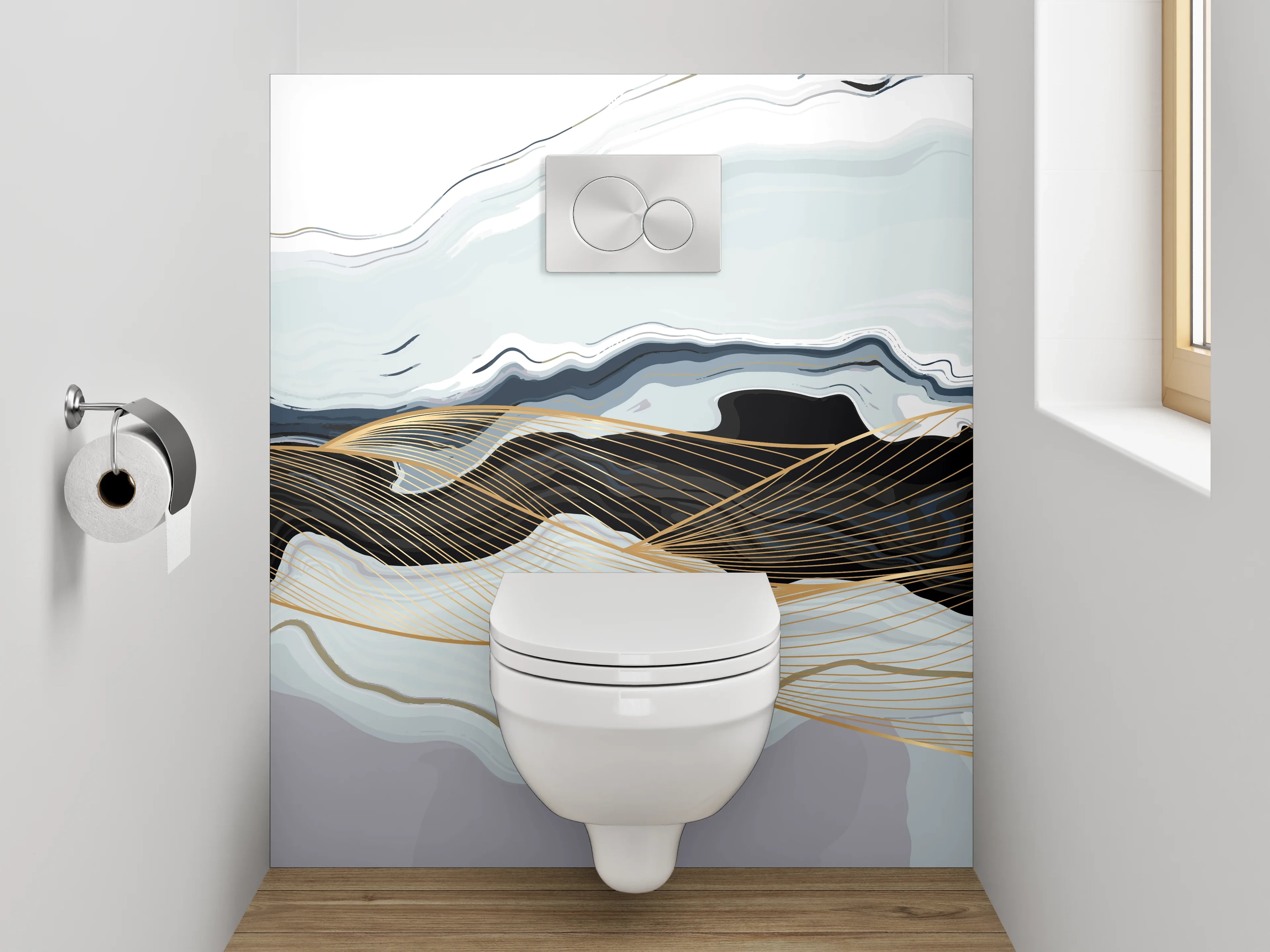 WC-Rückwand - Abstrakte Schwarz-Gold-Linien auf Weiß
