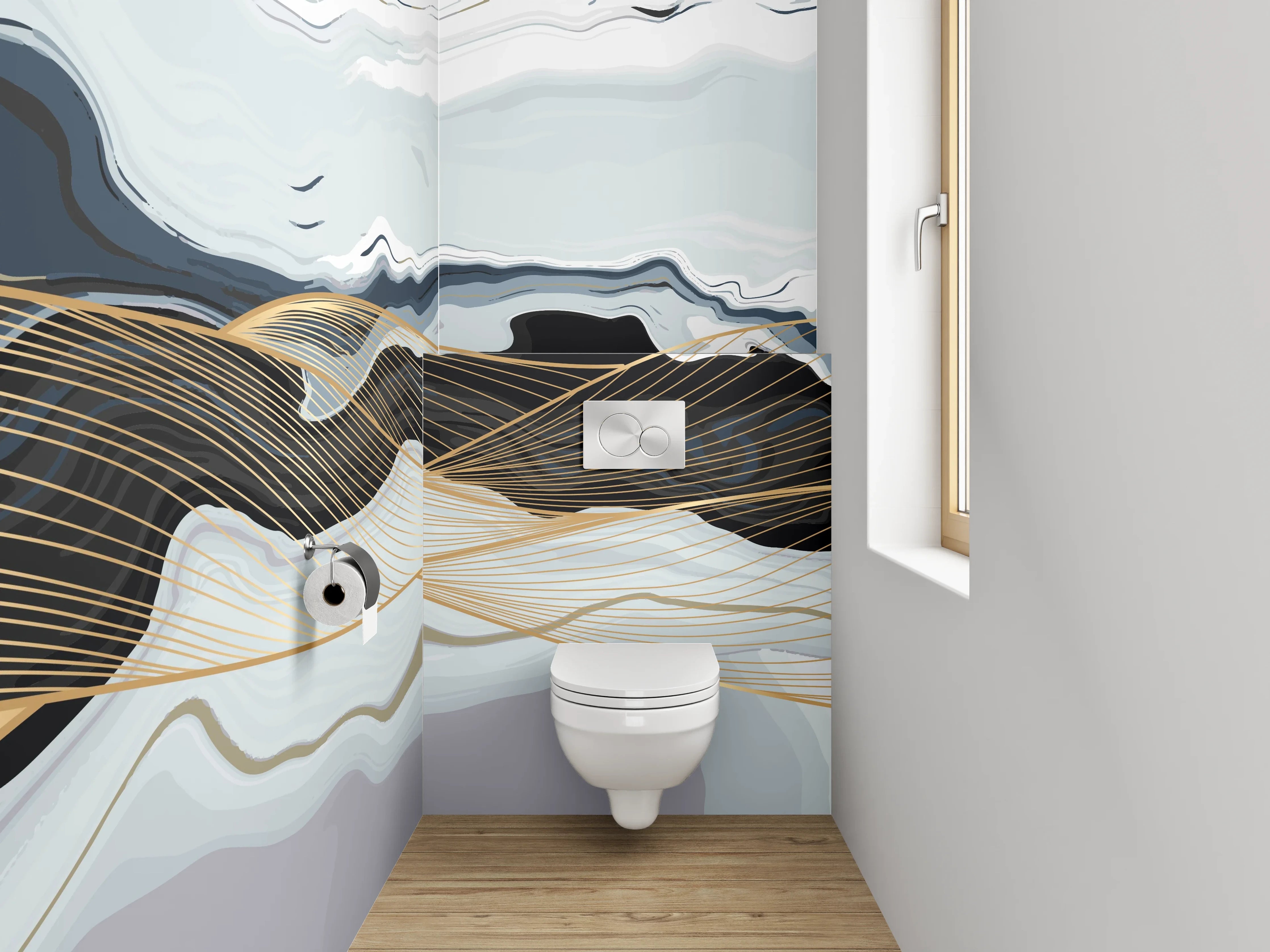 WC-Rückwand - Abstrakte Schwarz-Gold-Linien auf Weiß