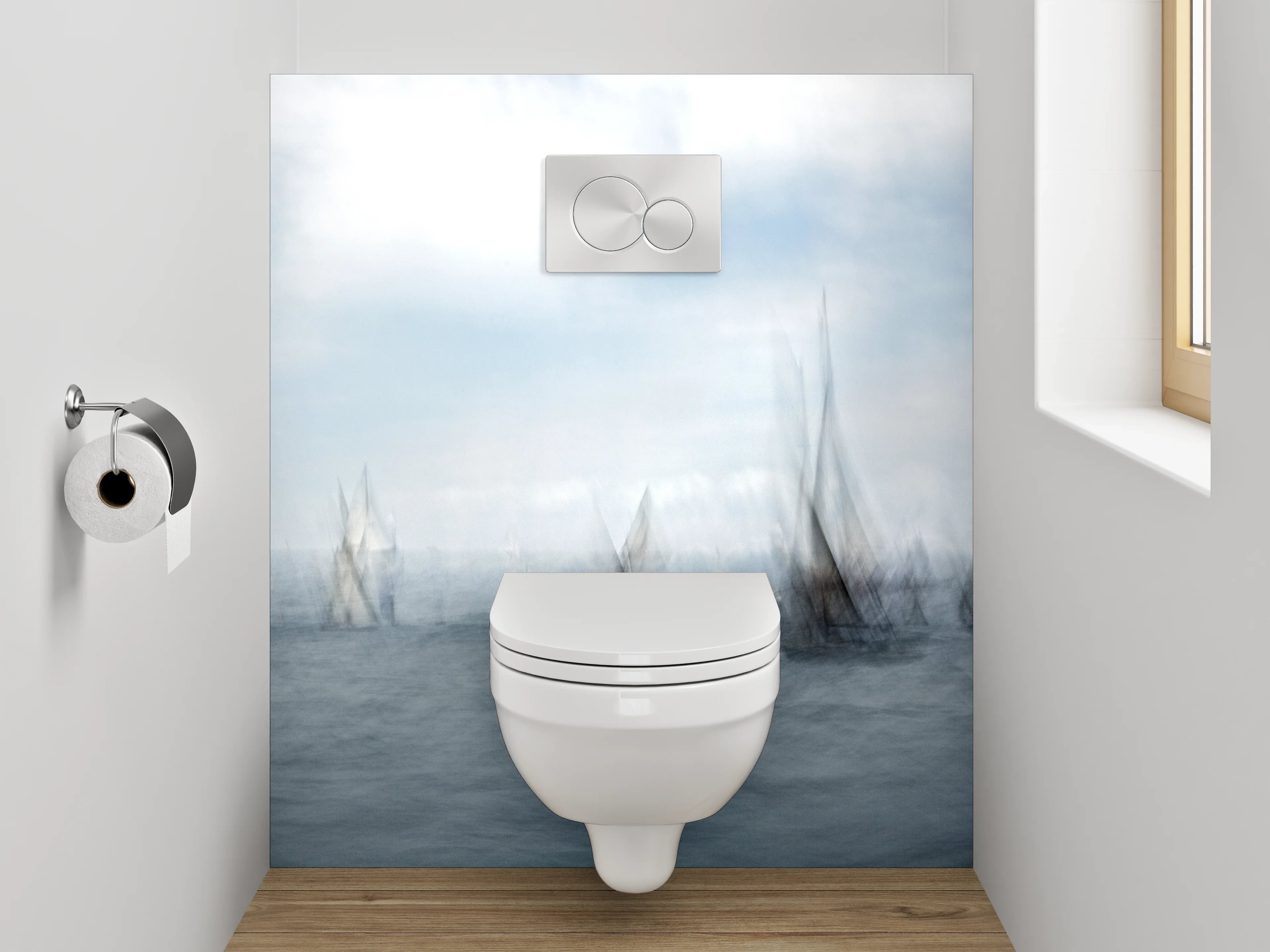 WC-Rückwand - Abstrakte Segelboote im Nebel
