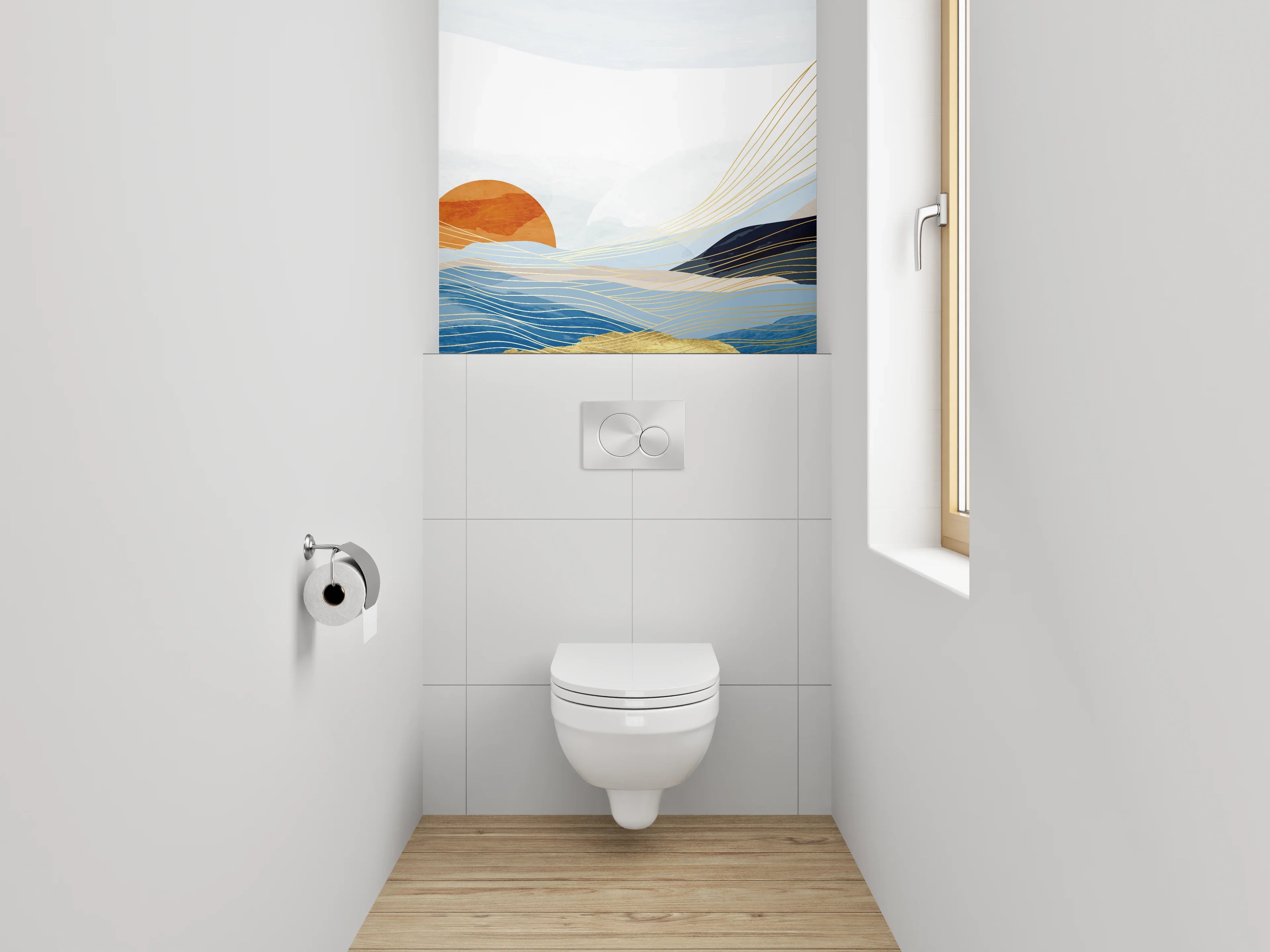 WC-Rückwand - Abstrakte Sonnenlandschaft im Aquarellstil