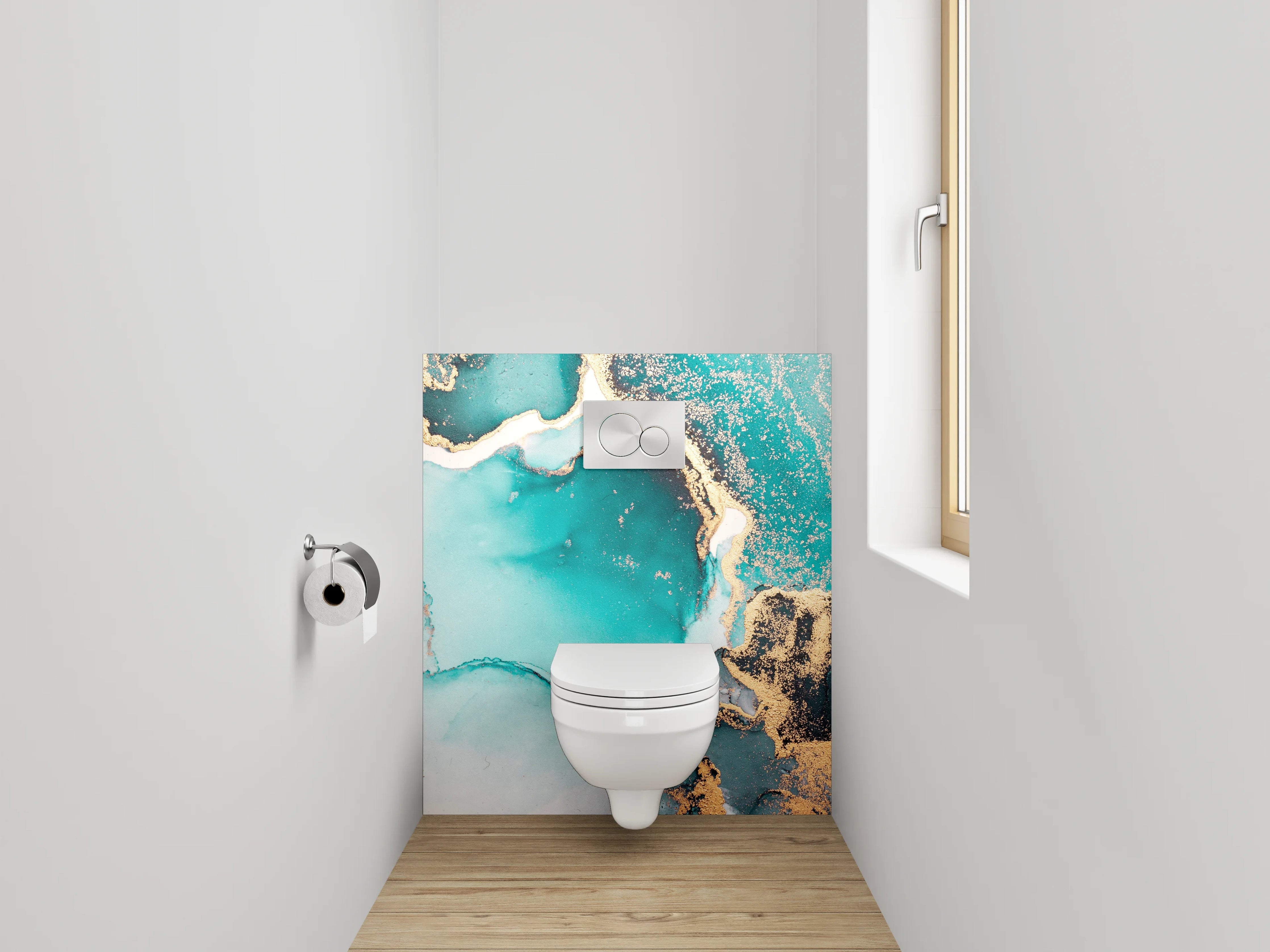 WC-Rückwand - Abstrakte Türkis-Gold Aquarell-Marmoroptik