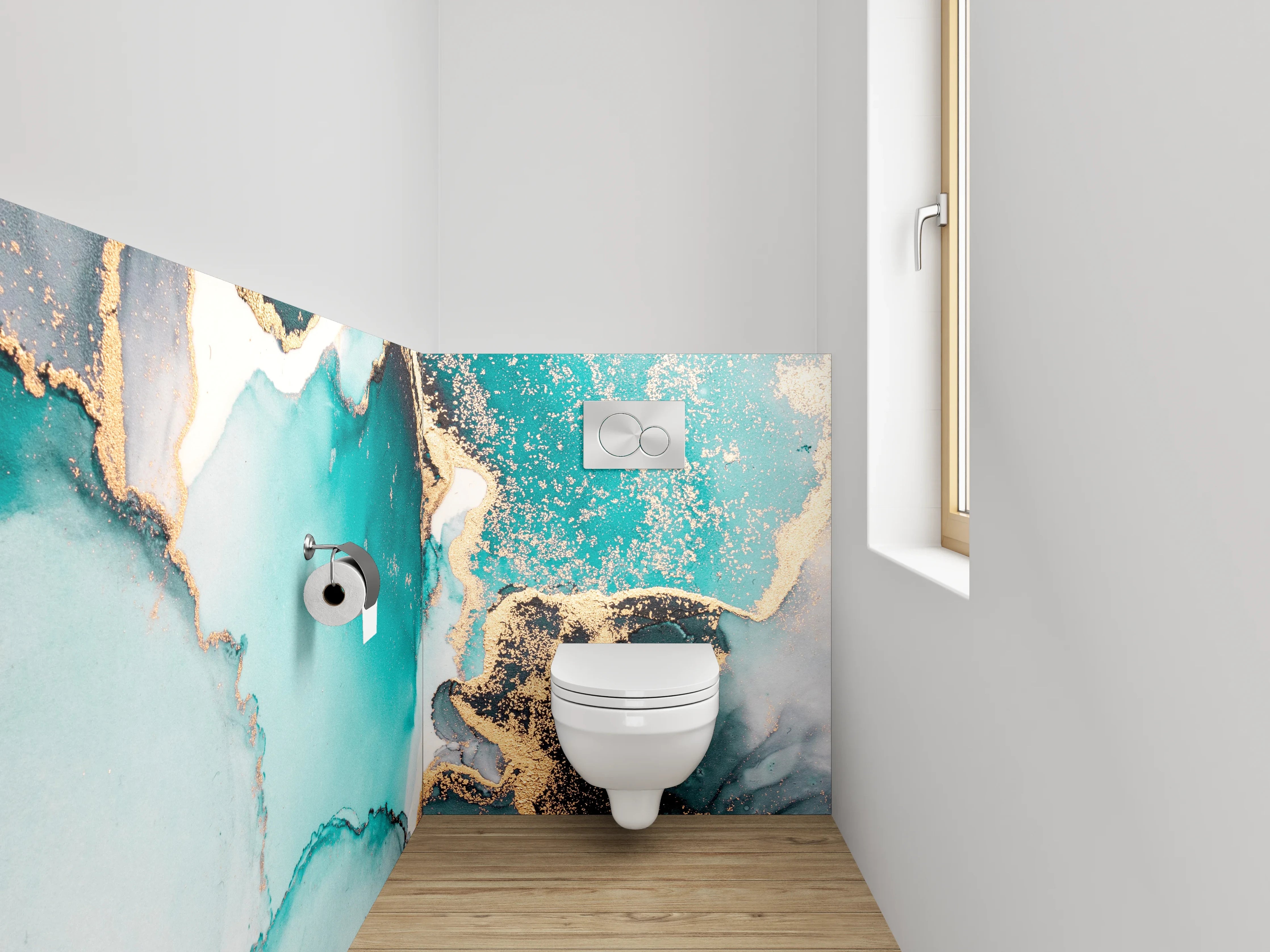 WC-Rückwand - Abstrakte Türkis-Gold Aquarell-Marmoroptik