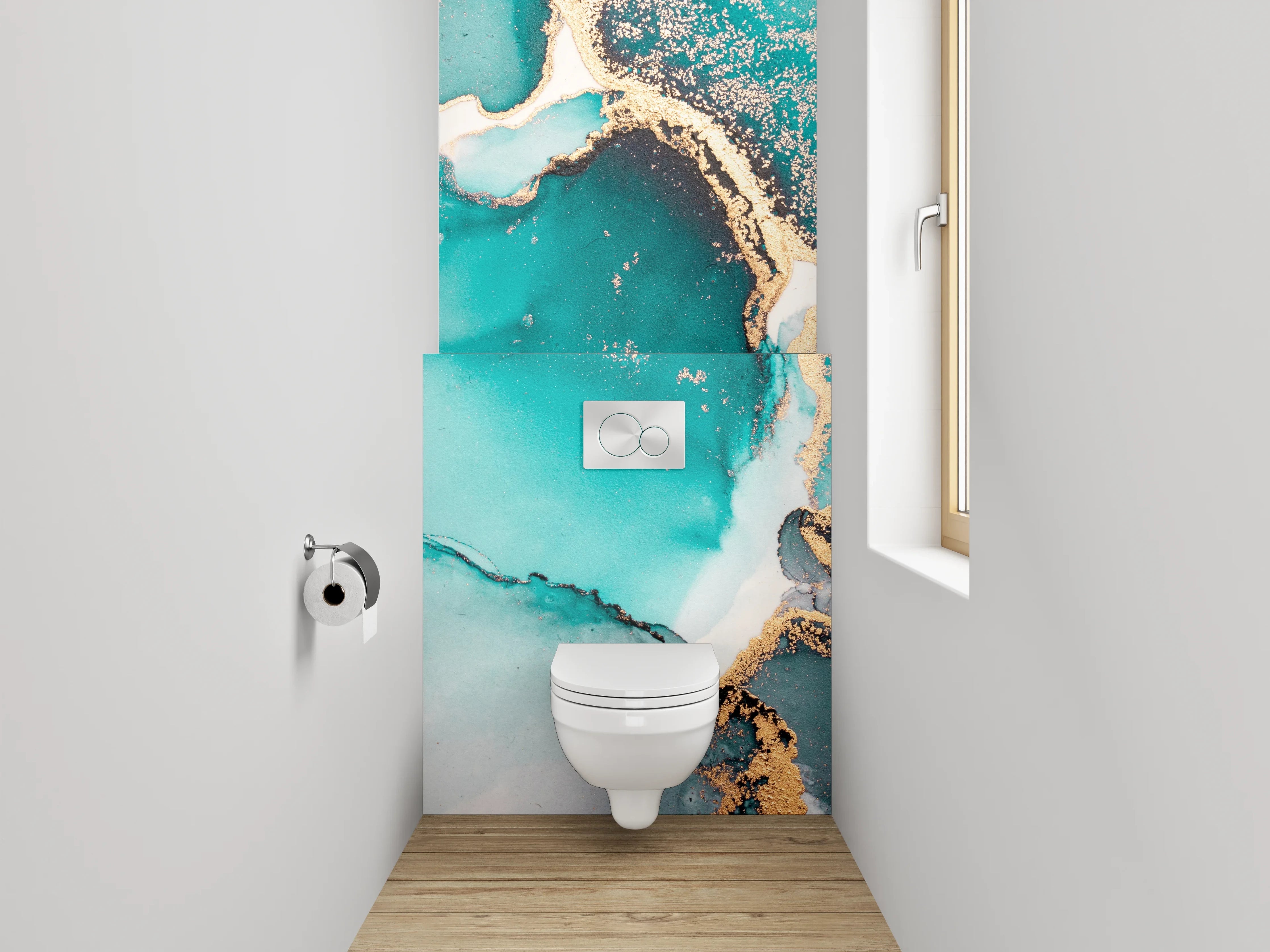 WC-Rückwand - Abstrakte Türkis-Gold Aquarell-Marmoroptik