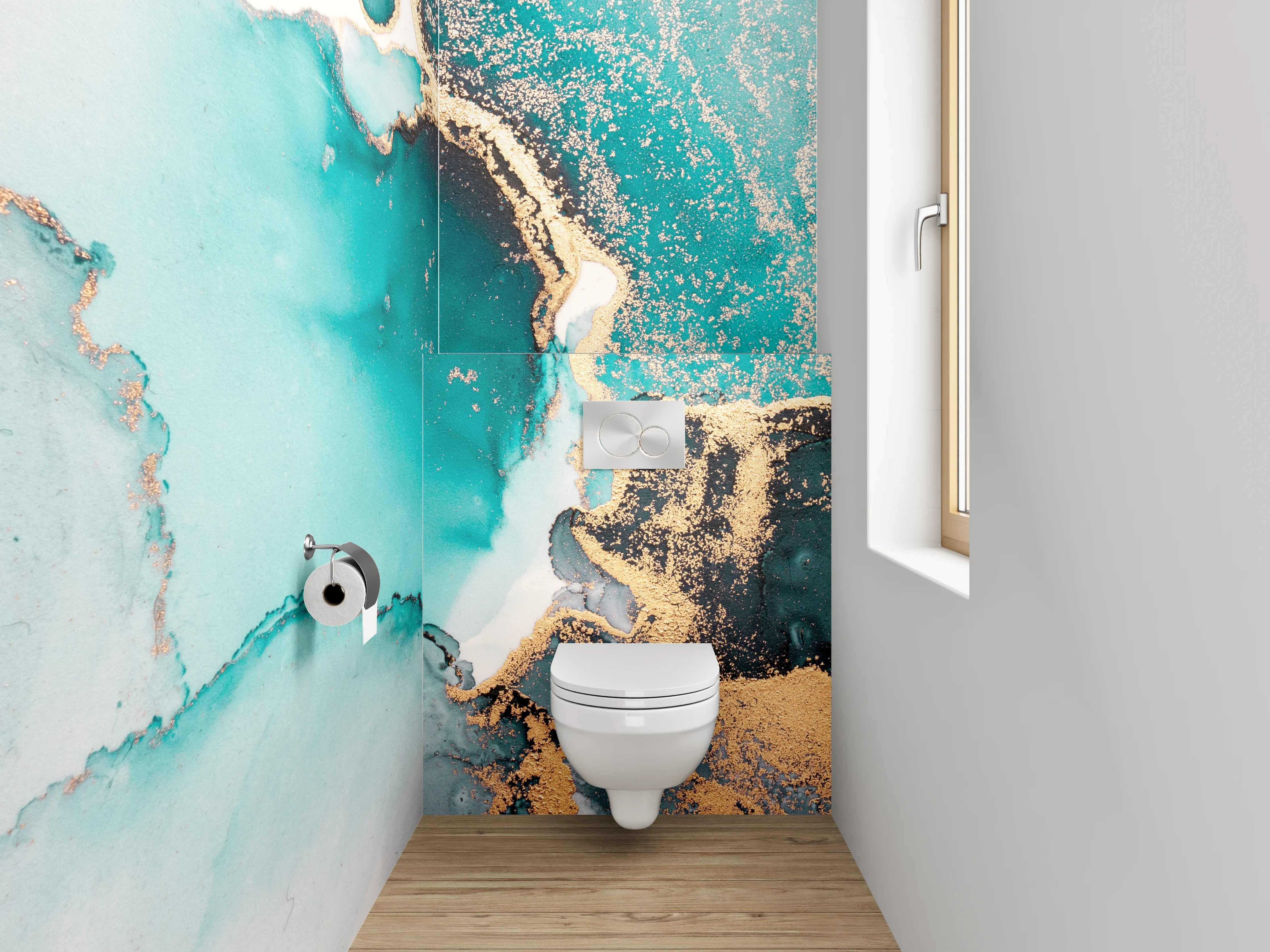 WC-Rückwand - Abstrakte Türkis-Gold Aquarell-Marmoroptik