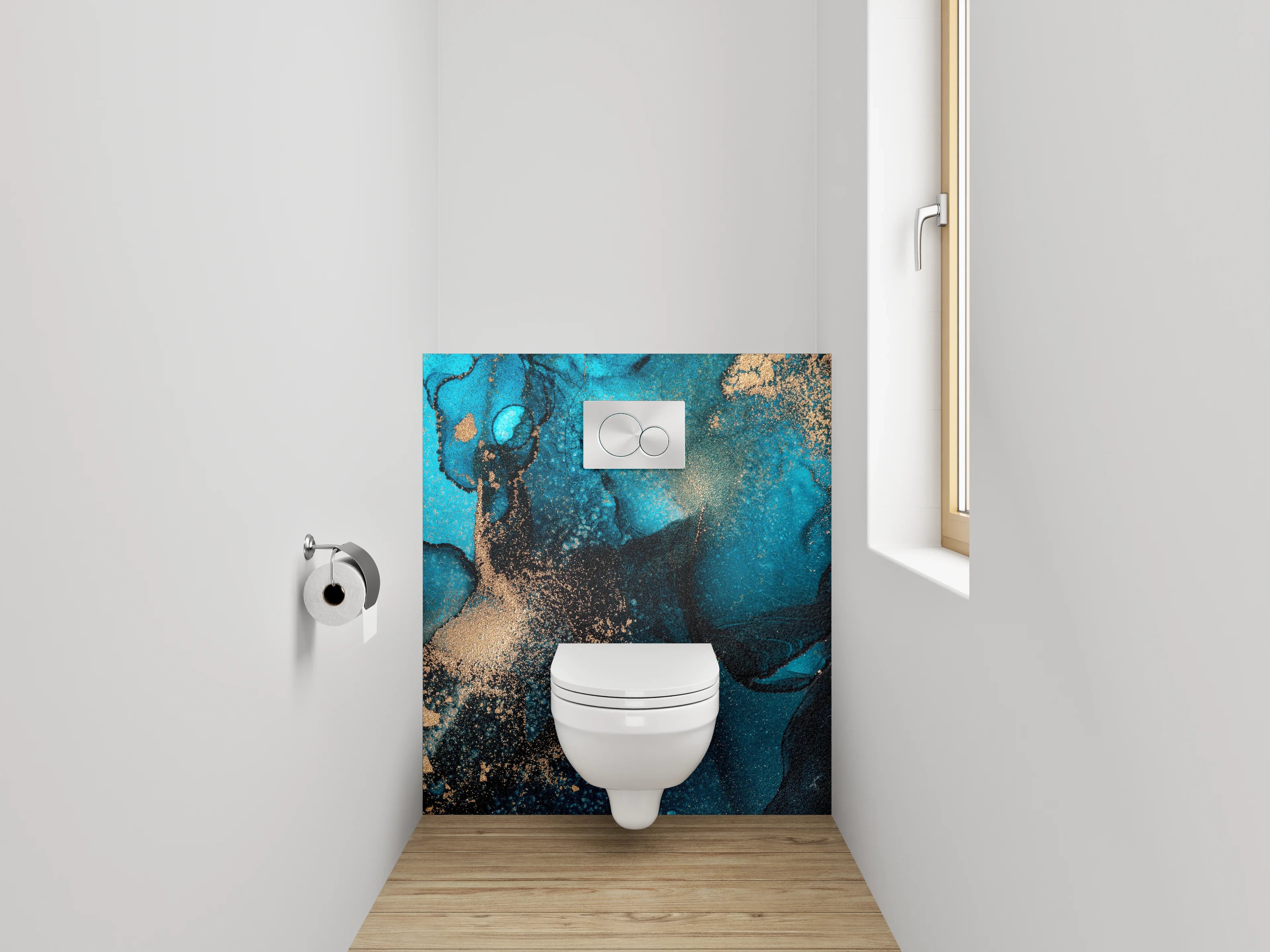 WC-Rückwand - Abstrakte Türkis-Gold Aquarellkunst