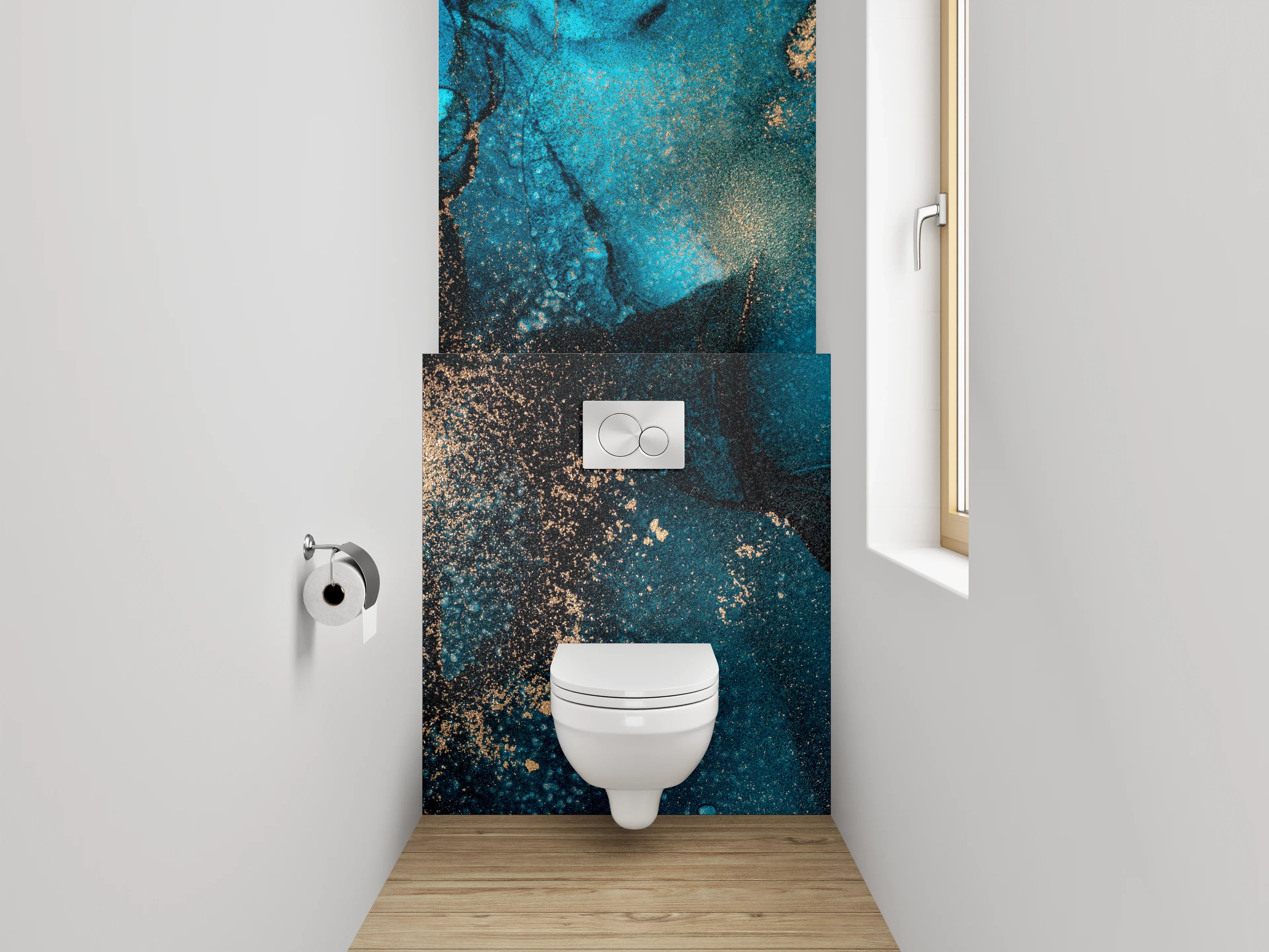 WC-Rückwand - Abstrakte Türkis-Gold Aquarellkunst