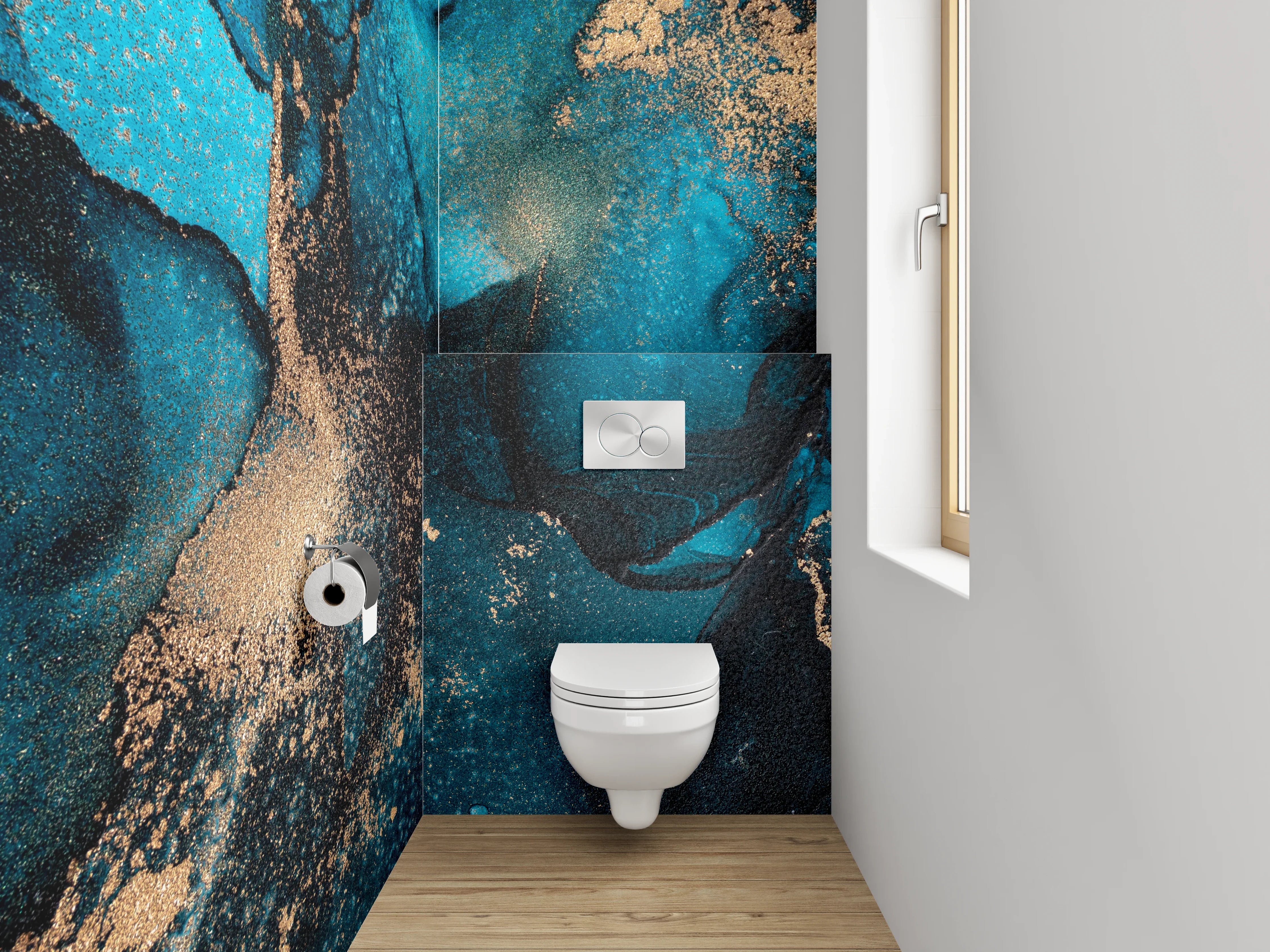 WC-Rückwand - Abstrakte Türkis-Gold Aquarellkunst