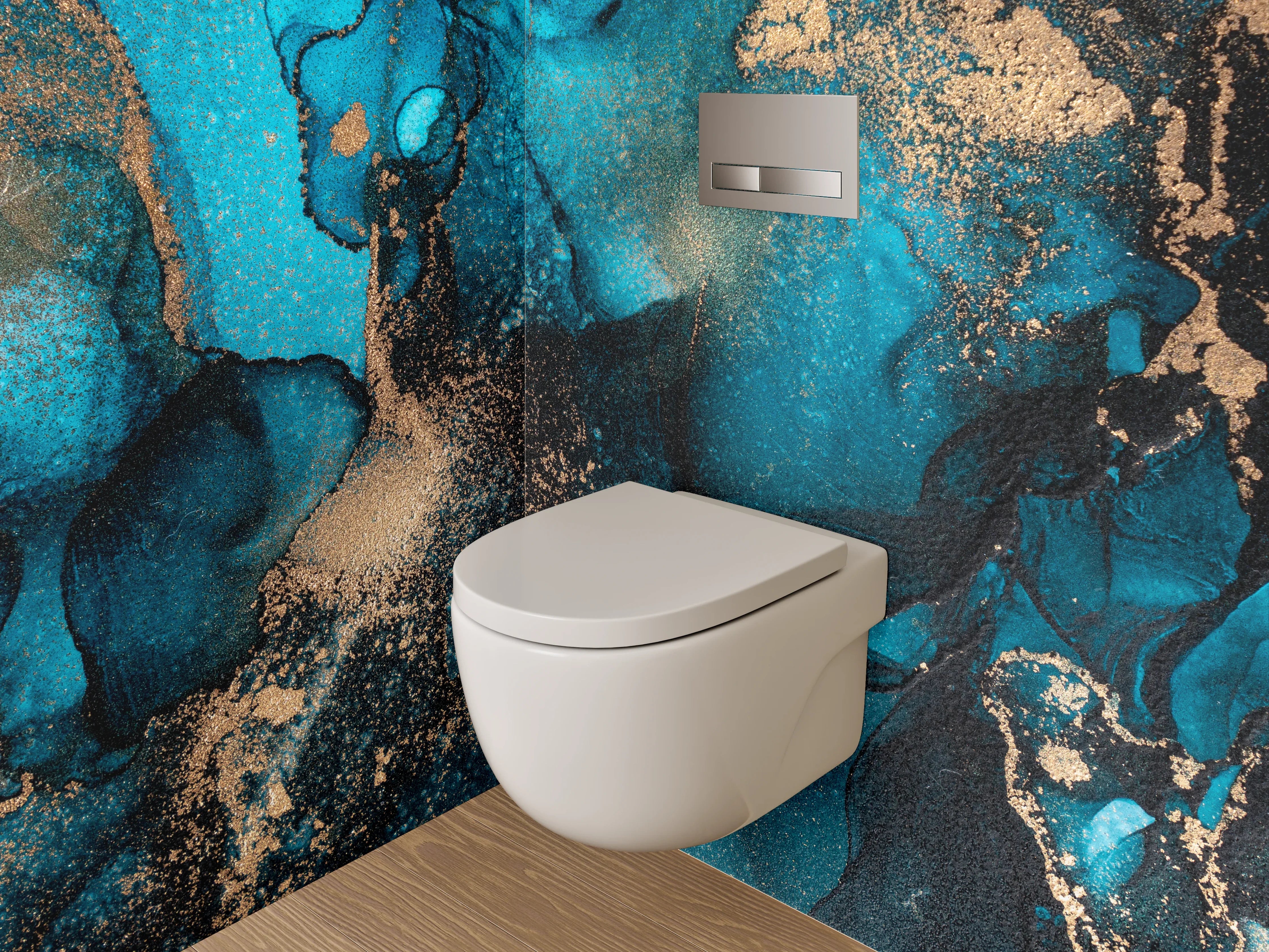 WC-Rückwand - Abstrakte Türkis-Gold Aquarellkunst