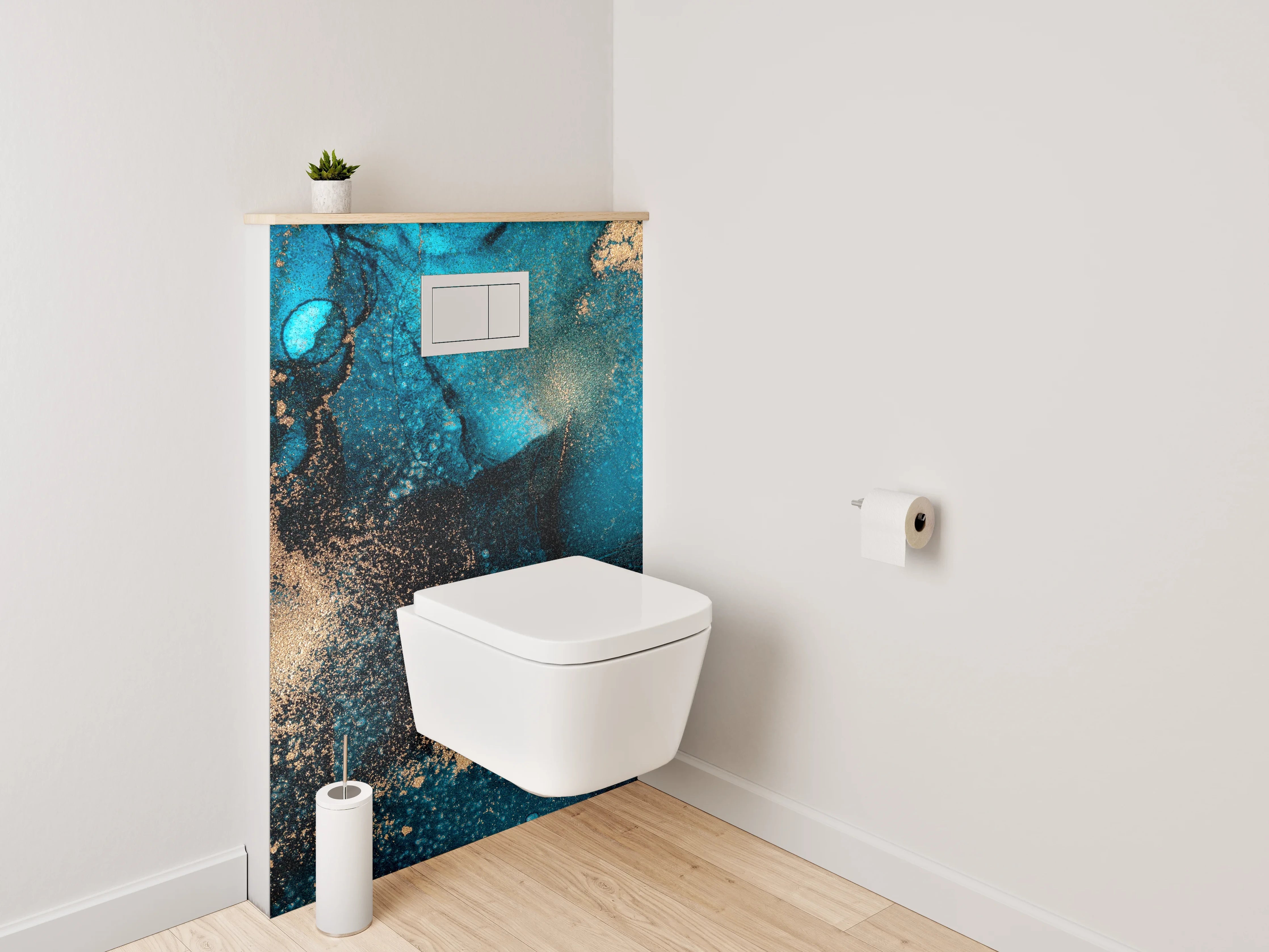 WC-Rückwand - Abstrakte Türkis-Gold Aquarellkunst