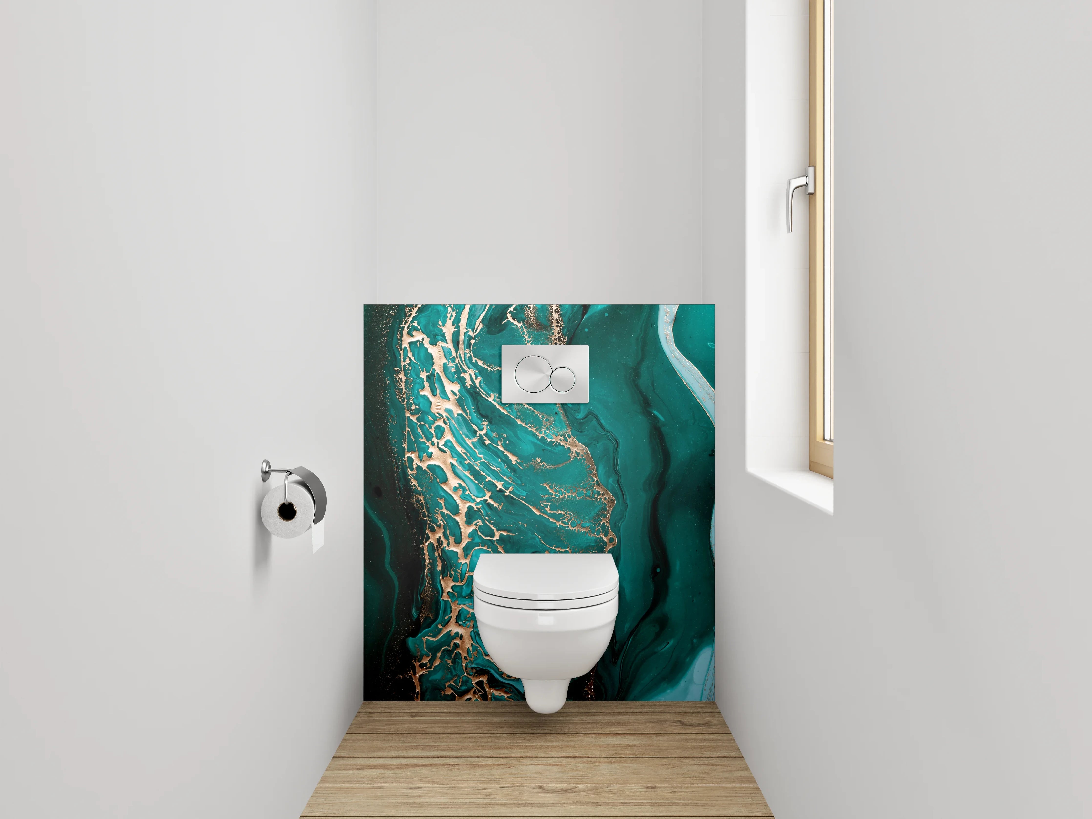 WC-Rückwand - Abstrakte Türkis-Gold Marmor Optik