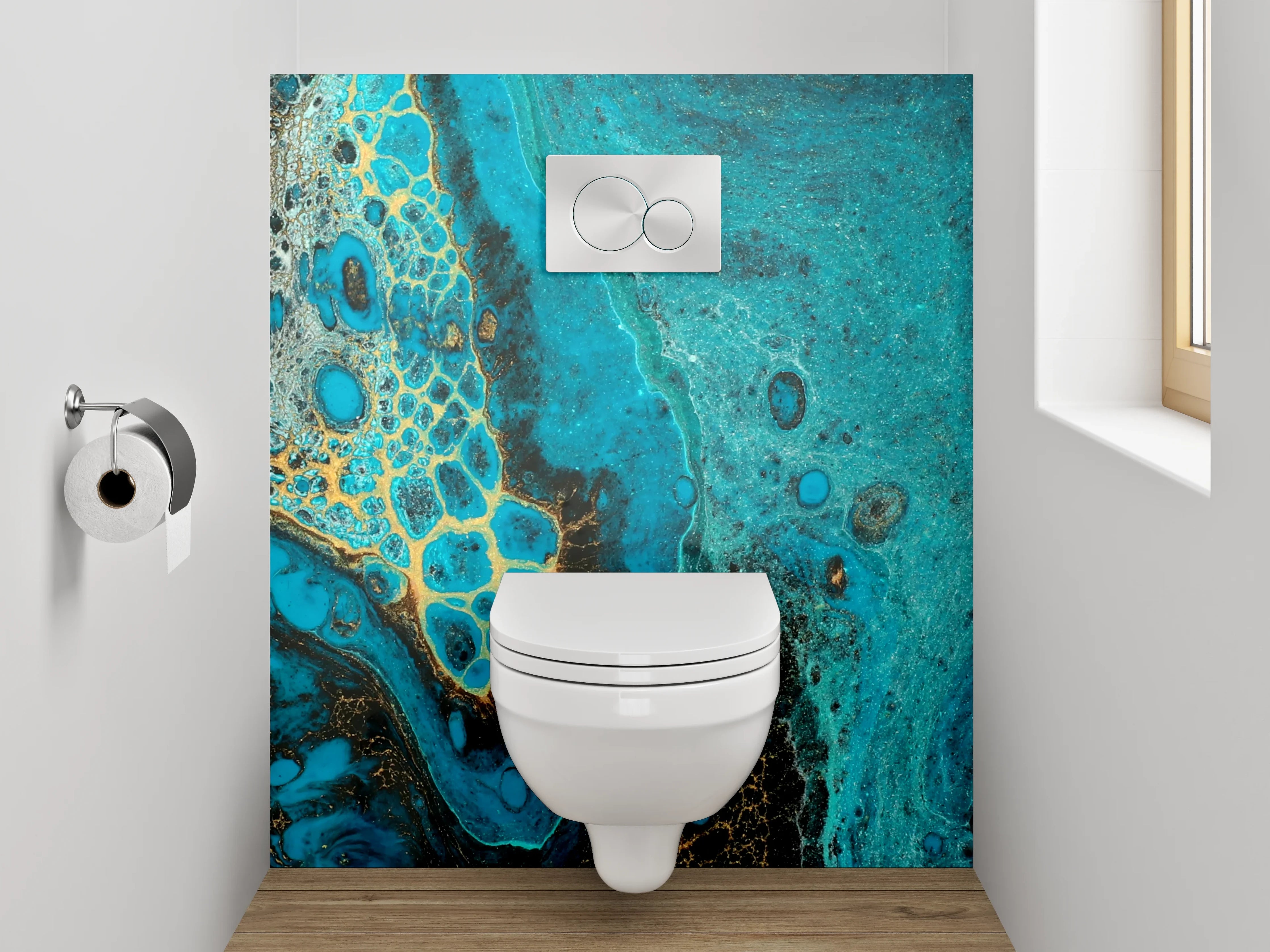 WC-Rückwand - Abstrakte Türkis-Gold Marmoroptik
