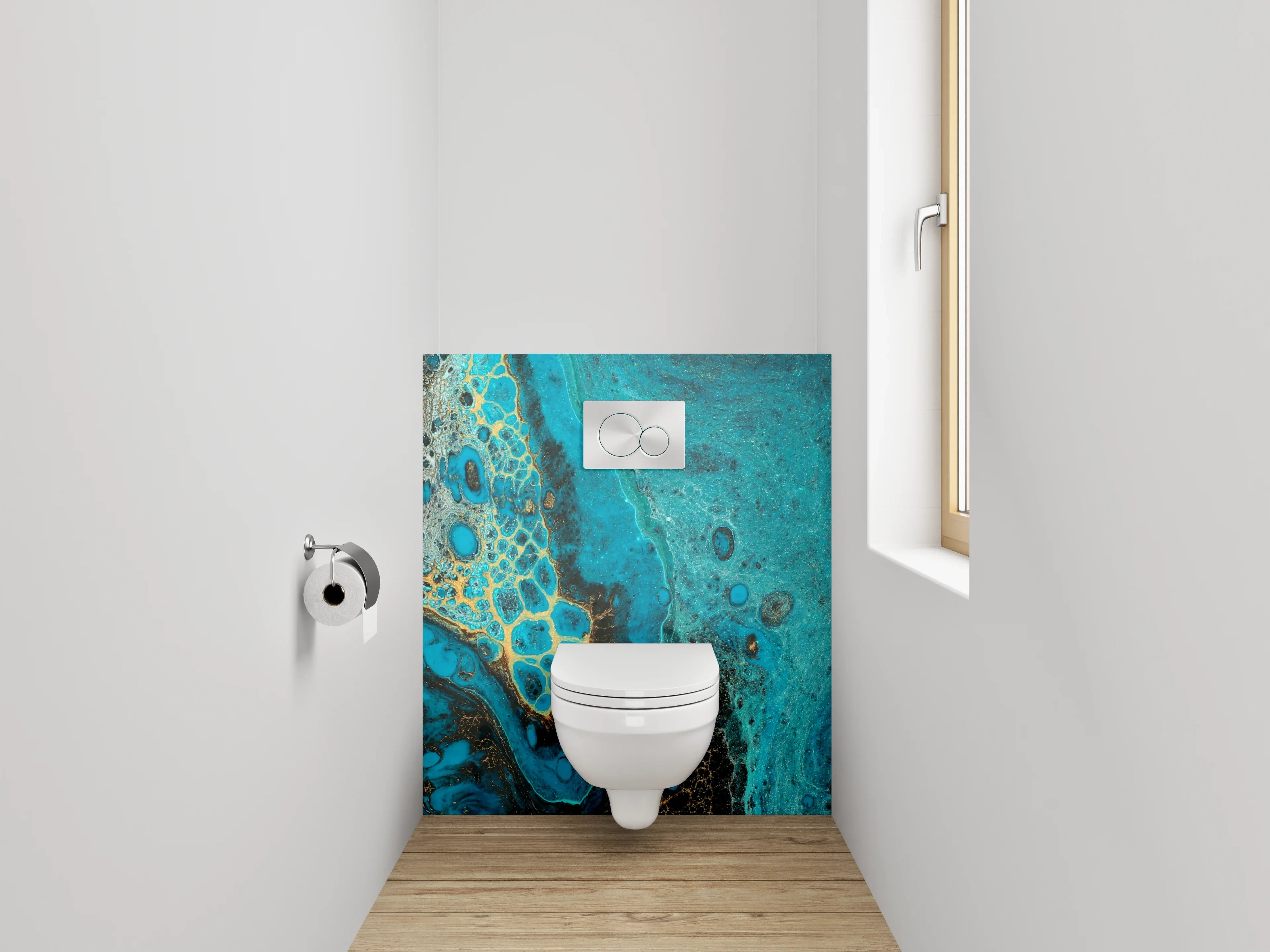 WC-Rückwand - Abstrakte Türkis-Gold Marmoroptik