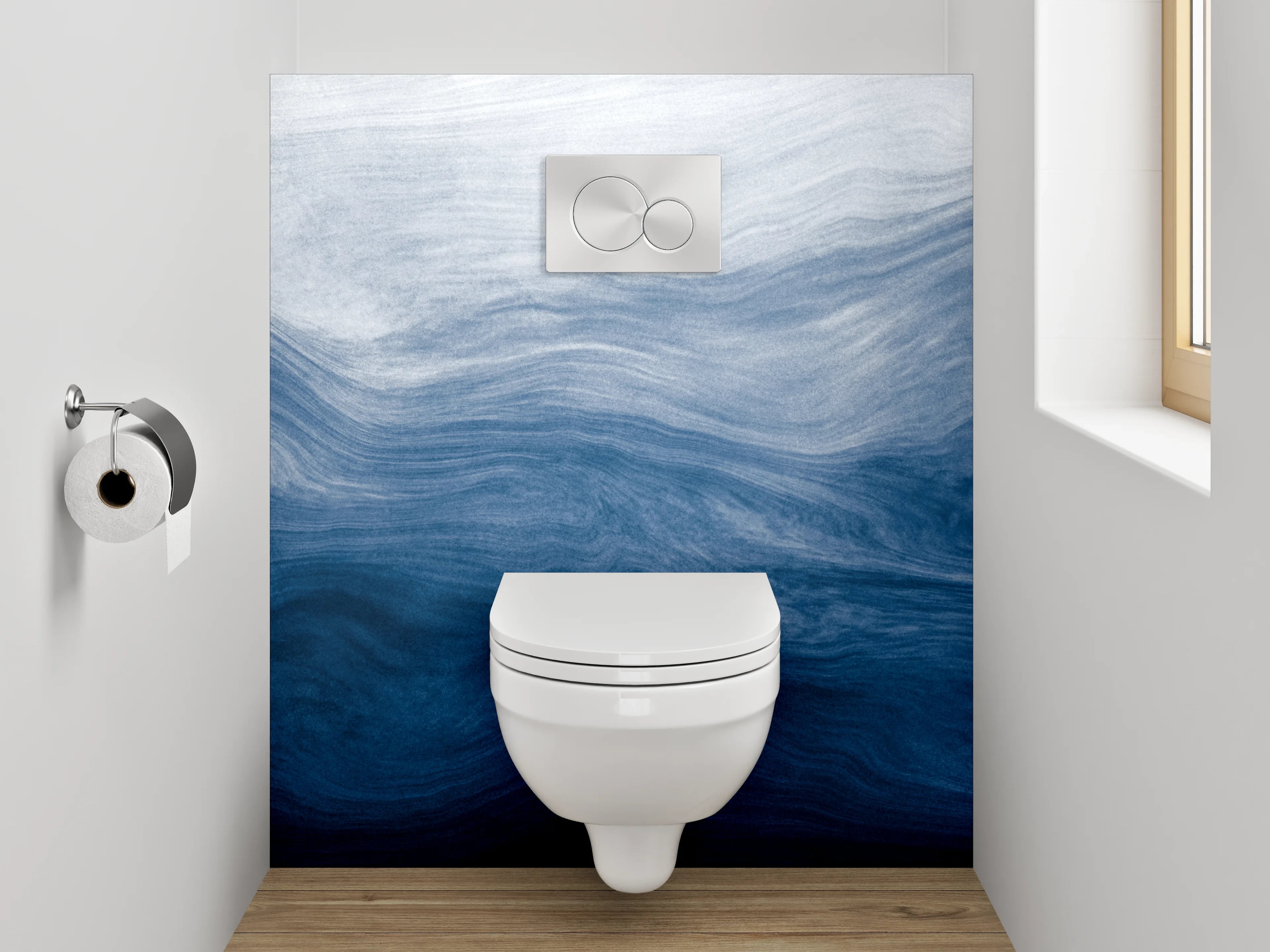 WC-Rückwand - Abstrakte Wellen in Blau und Weiß