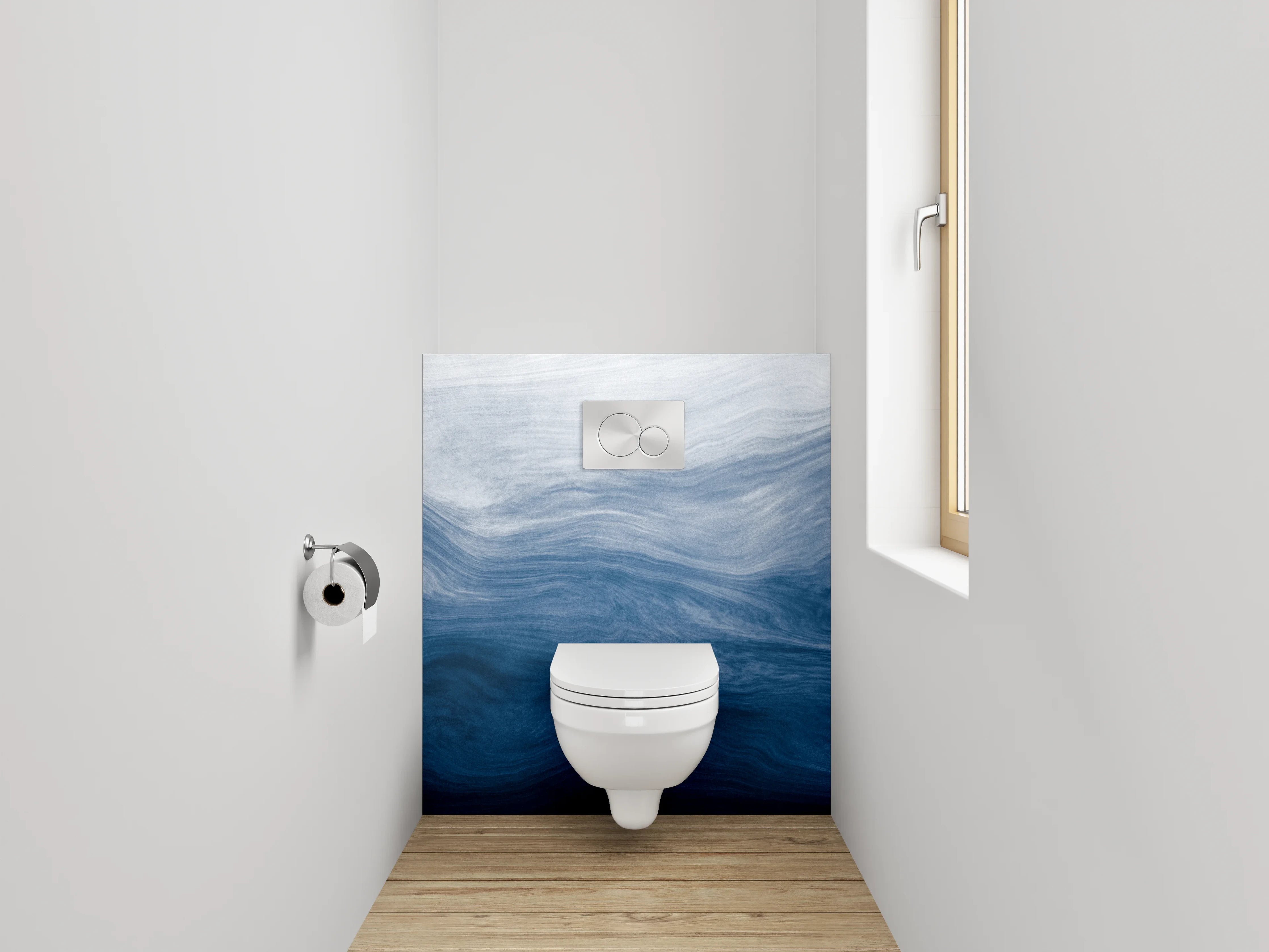 WC-Rückwand - Abstrakte Wellen in Blau und Weiß