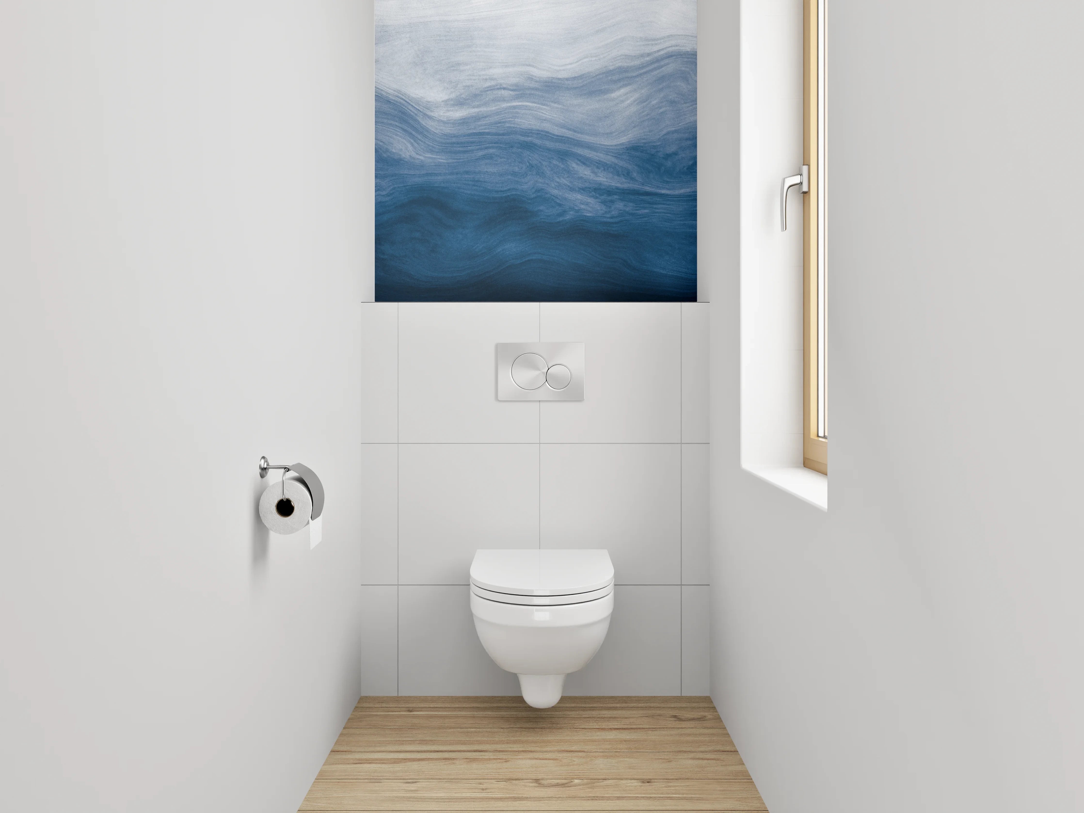 WC-Rückwand - Abstrakte Wellen in Blau und Weiß