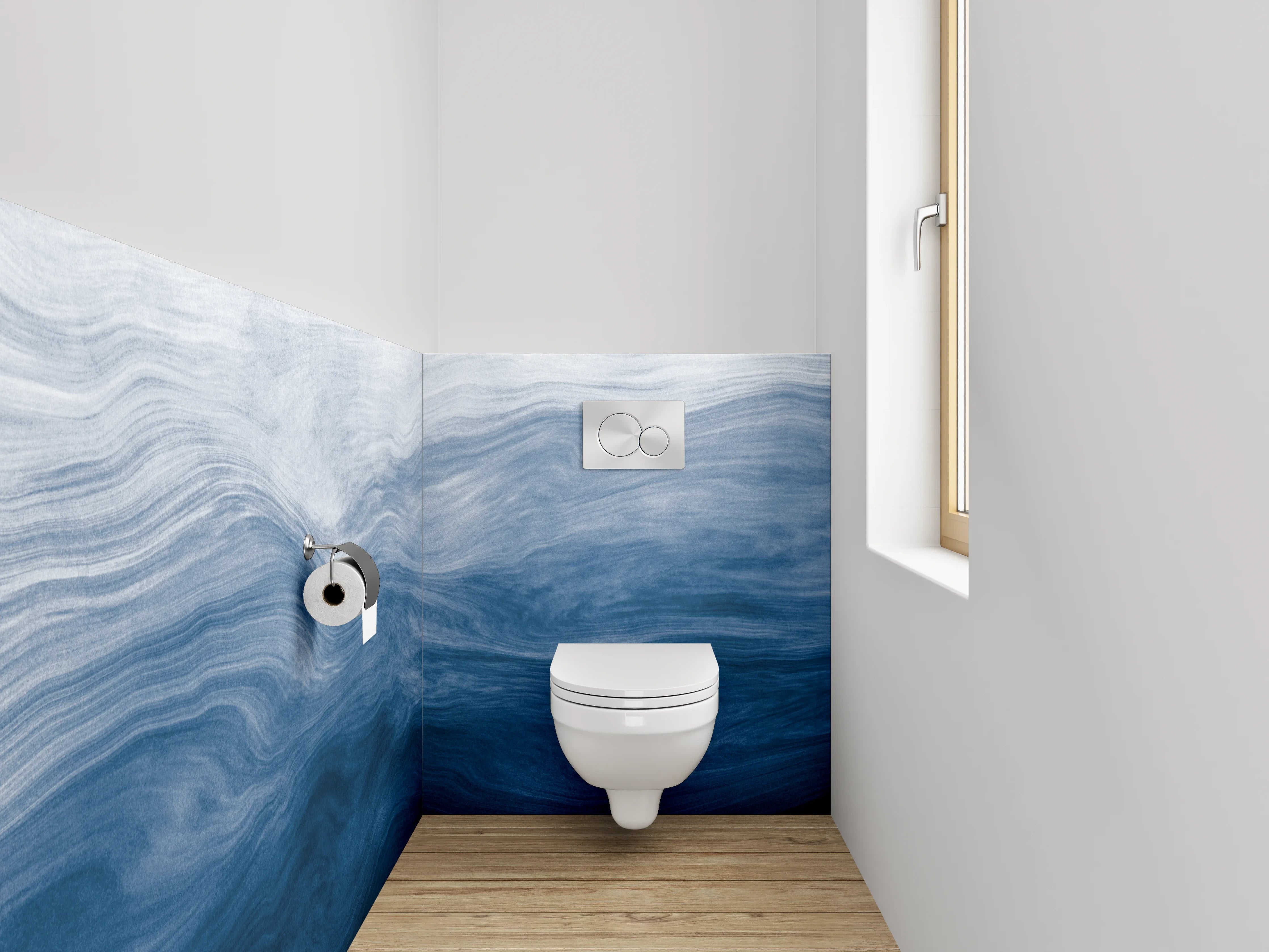 WC-Rückwand - Abstrakte Wellen in Blau und Weiß
