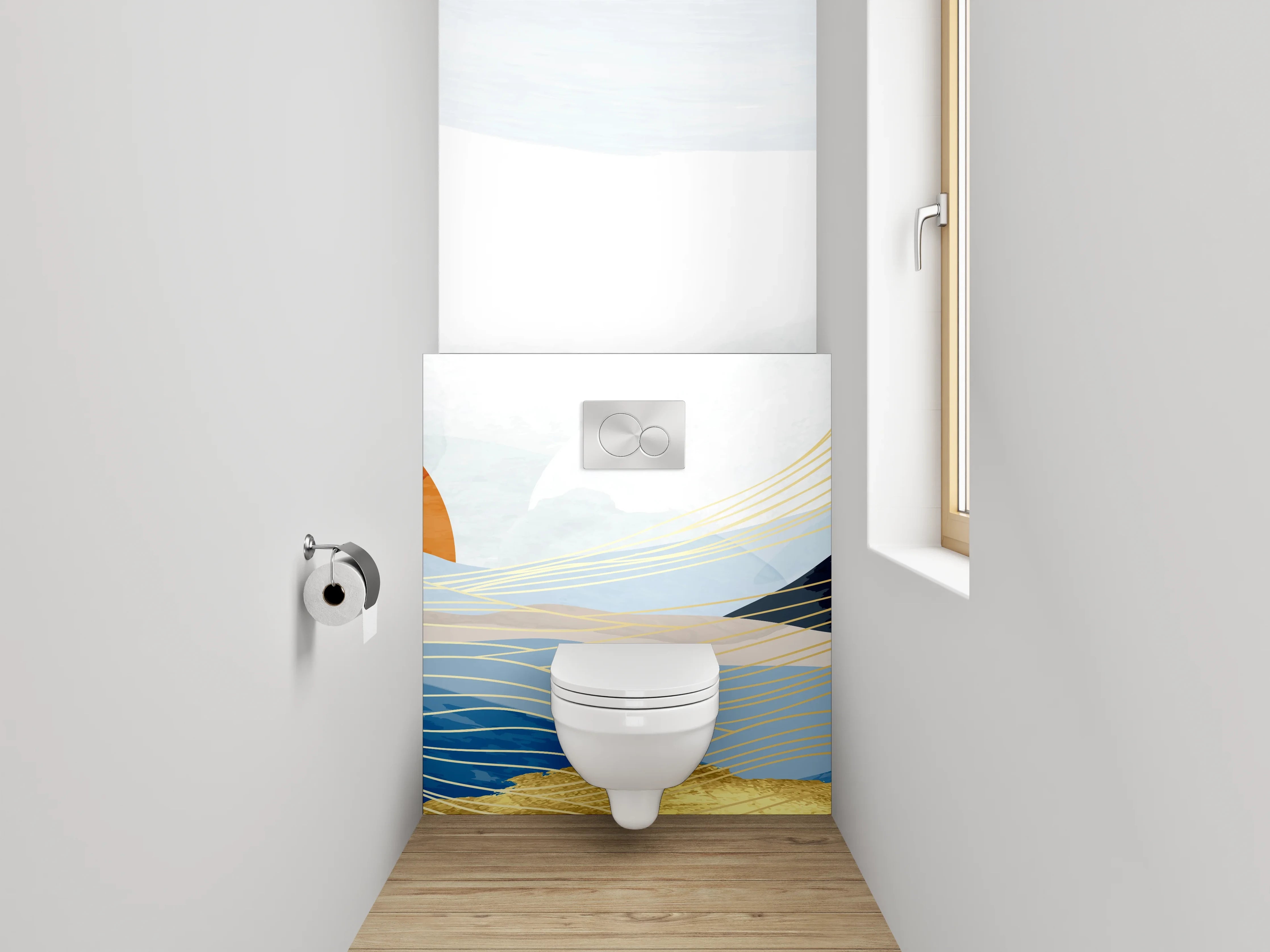 WC-Rückwand - Abstrakte Wellenlandschaft mit Sonnenaufgang