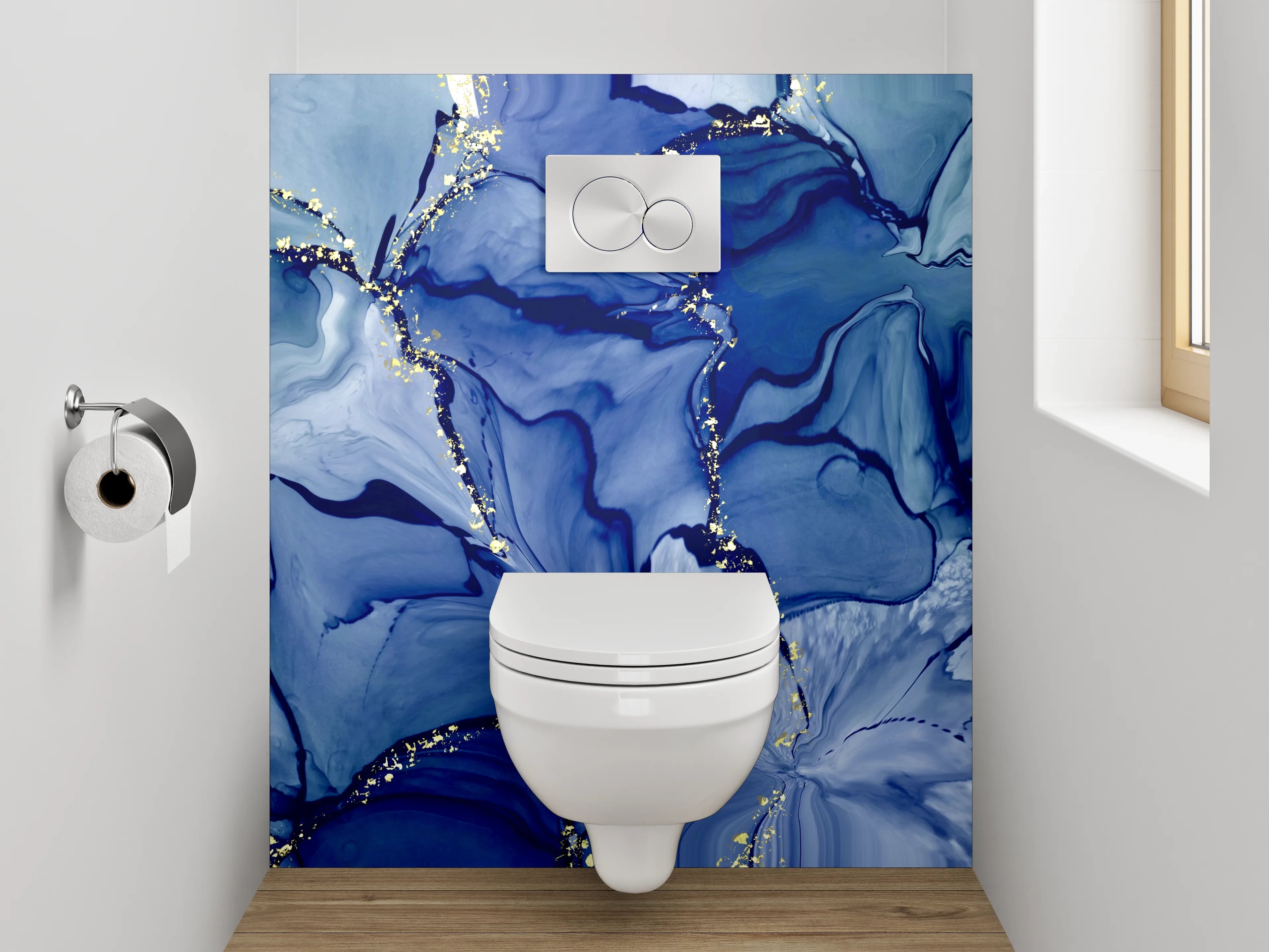 WC-Rückwand - Abstrakte blaue Aquarellkunst mit Gold