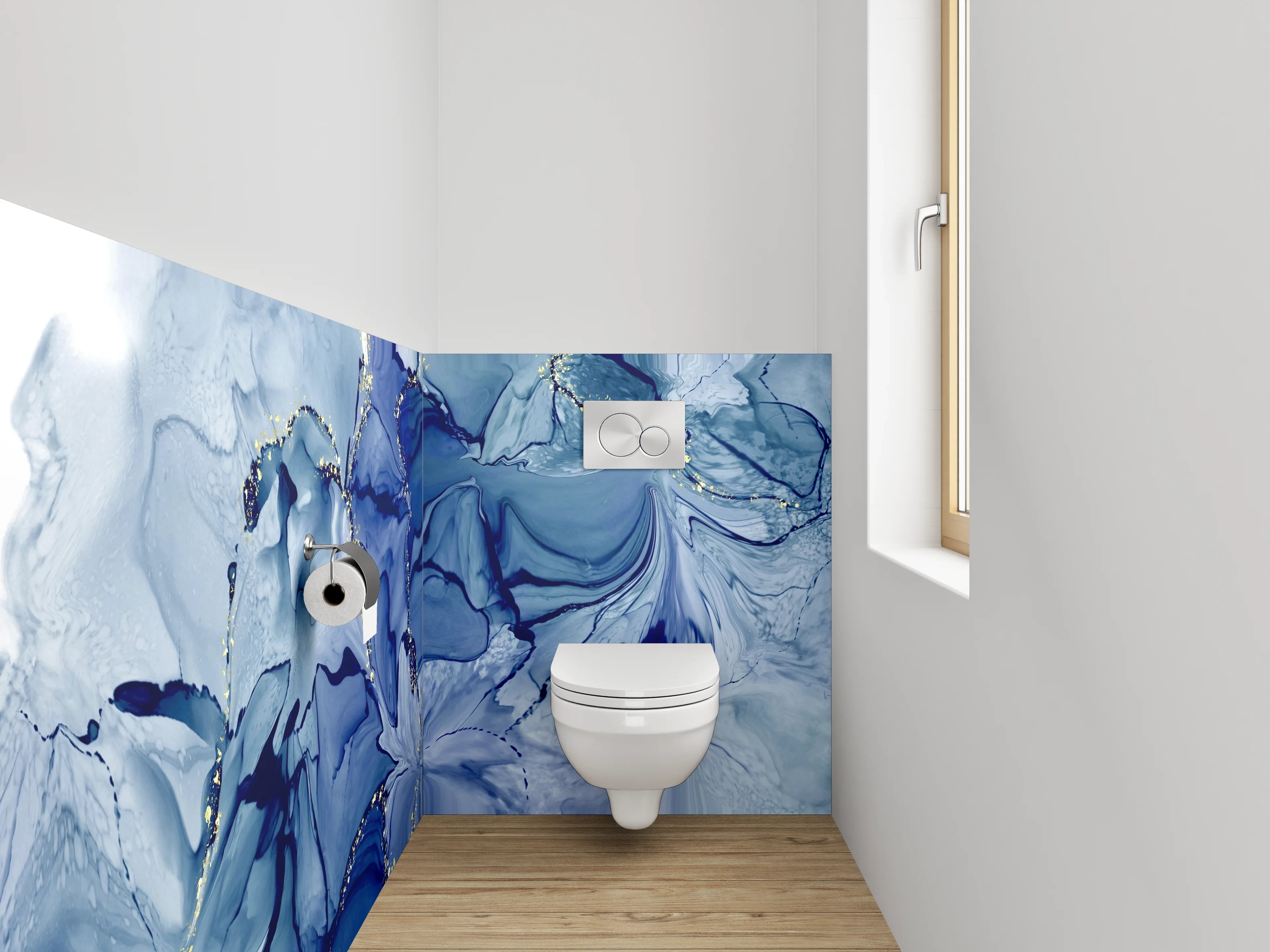 WC-Rückwand - Abstrakte blaue Aquarellkunst mit Gold