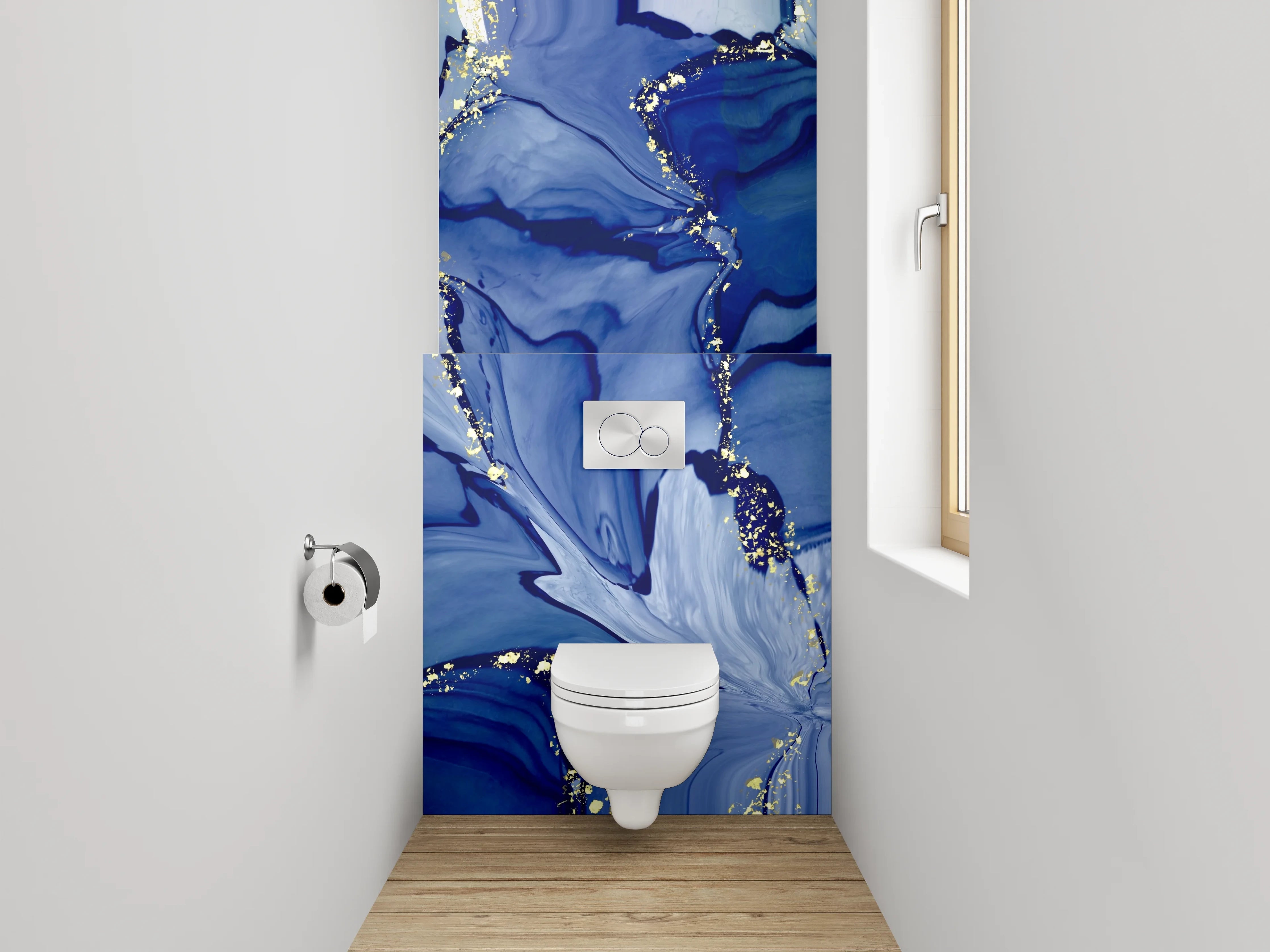 WC-Rückwand - Abstrakte blaue Aquarellkunst mit Gold