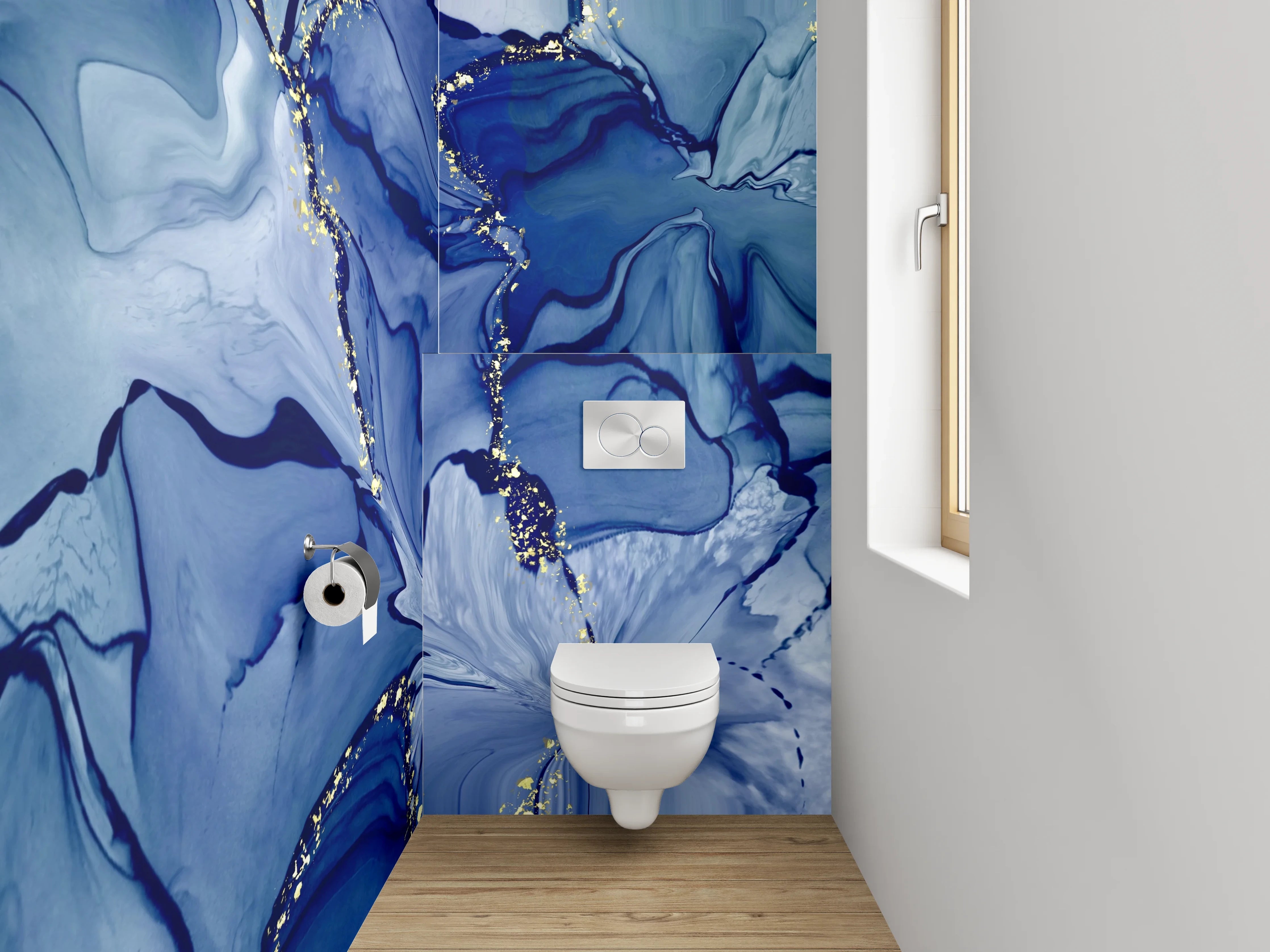 WC-Rückwand - Abstrakte blaue Aquarellkunst mit Gold