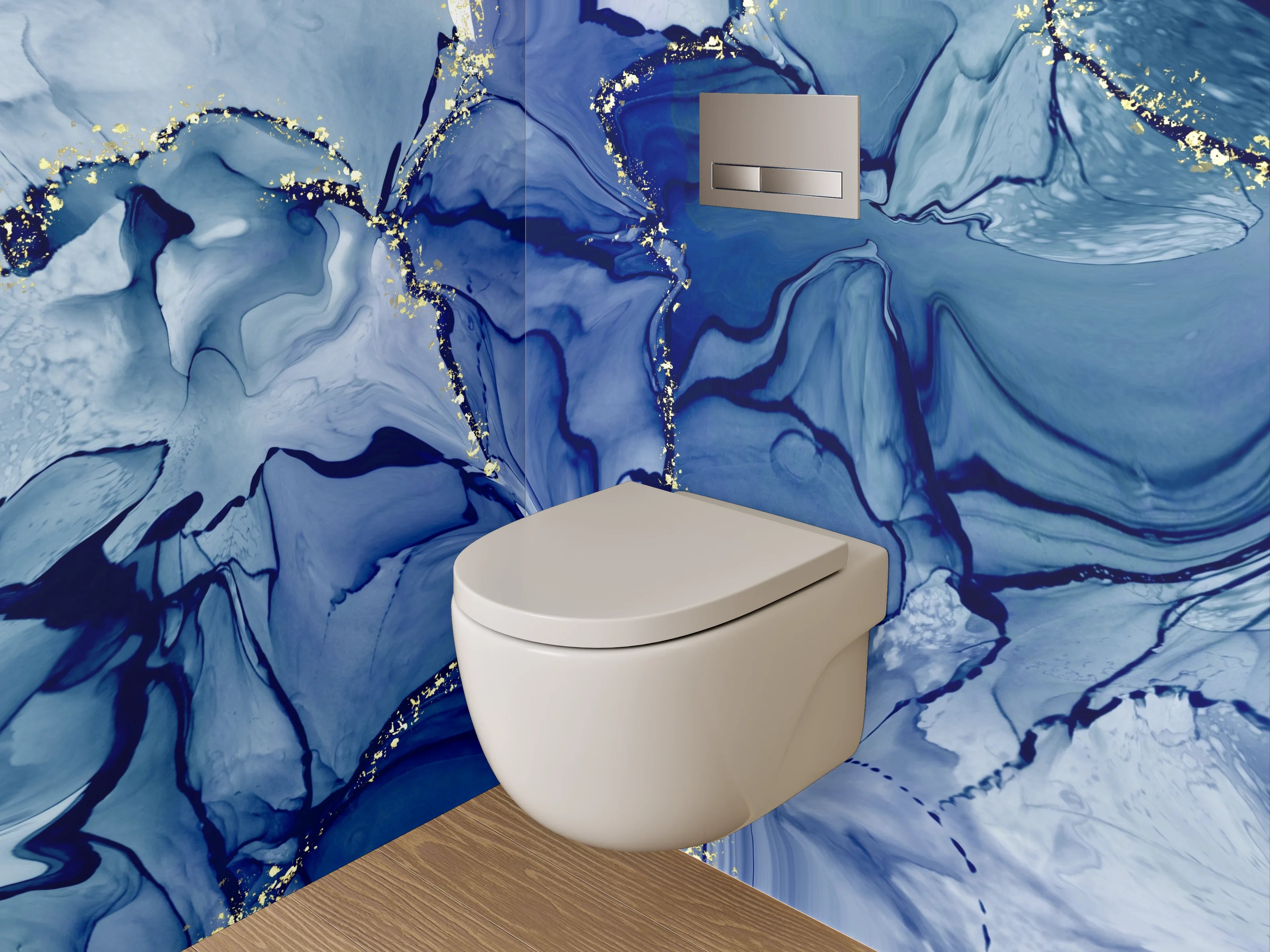 WC-Rückwand - Abstrakte blaue Aquarellkunst mit Gold
