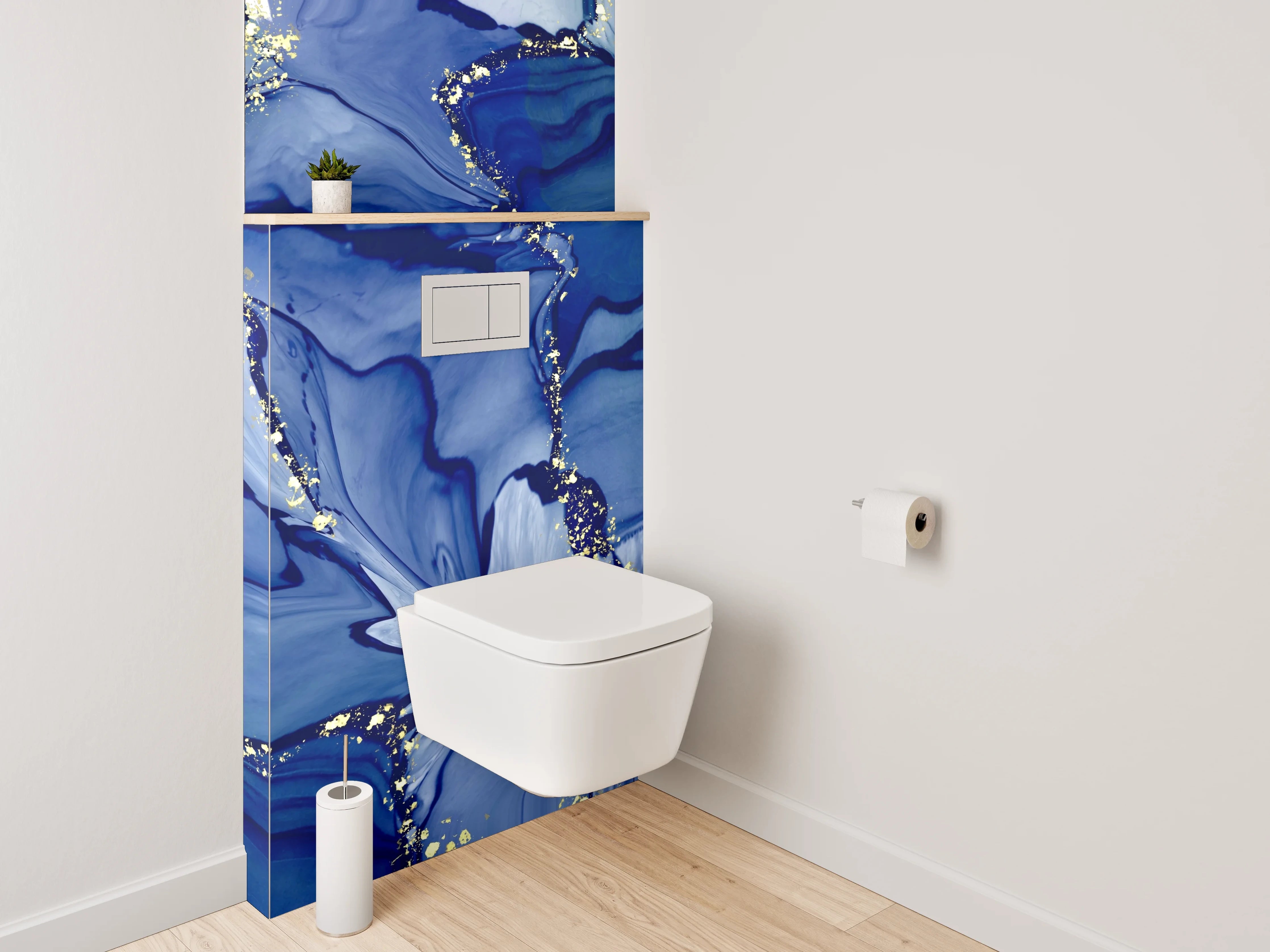 WC-Rückwand - Abstrakte blaue Aquarellkunst mit Gold