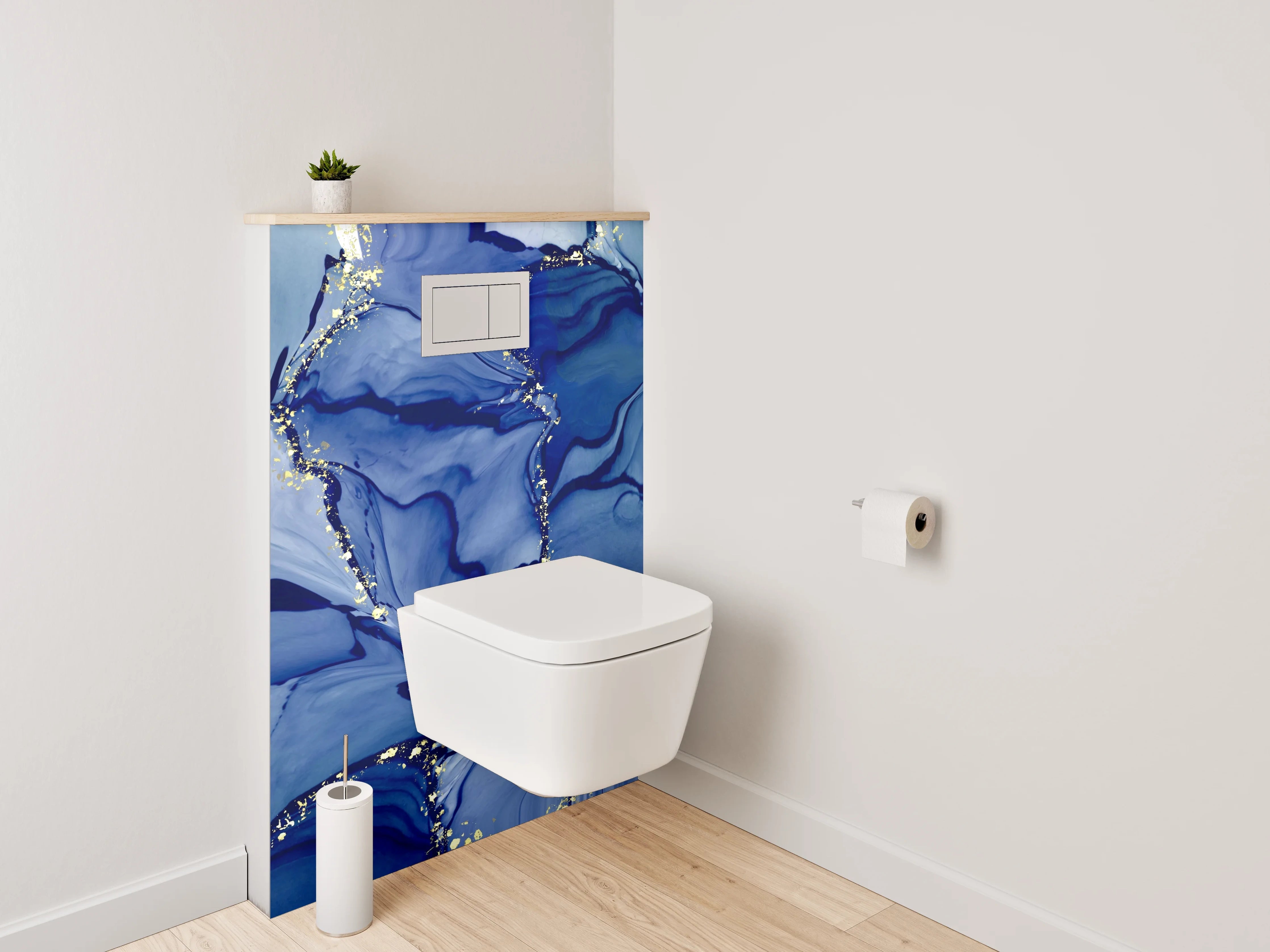 WC-Rückwand - Abstrakte blaue Aquarellkunst mit Gold