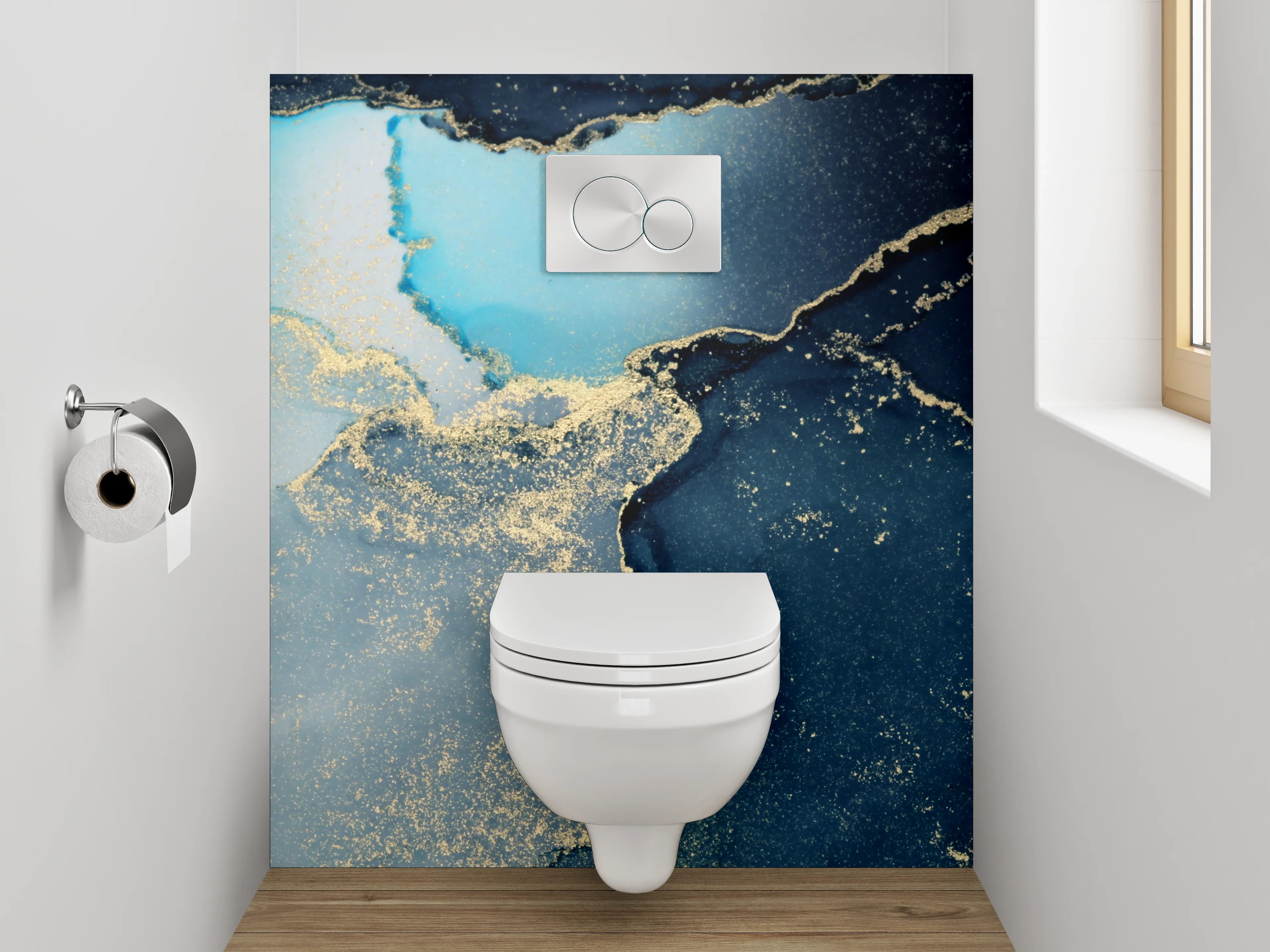 WC-Rückwand - Abstrakte blaue Marmor-Optik mit Gold