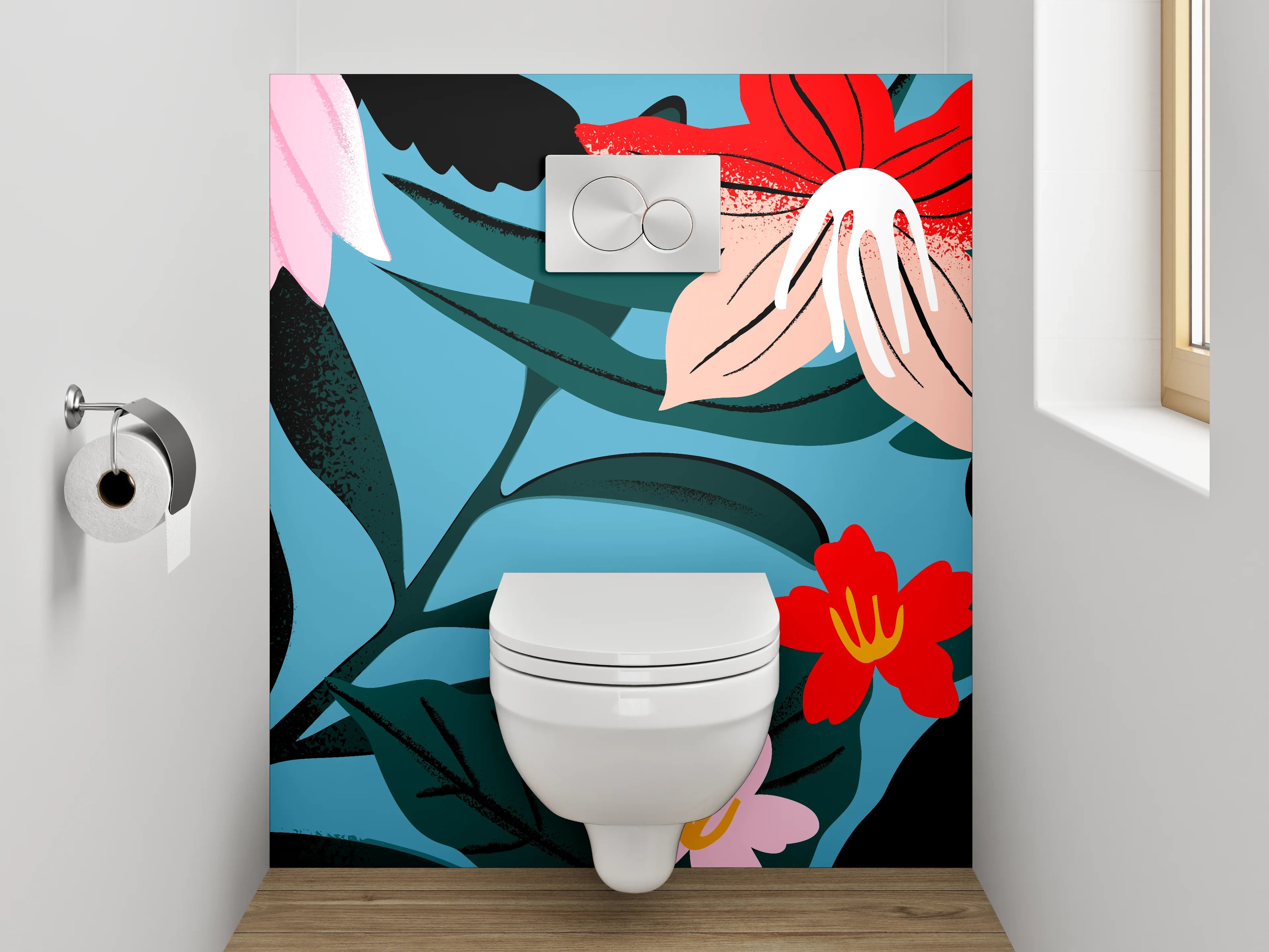WC-Rückwand - Abstrakte florale Illustration auf Blau