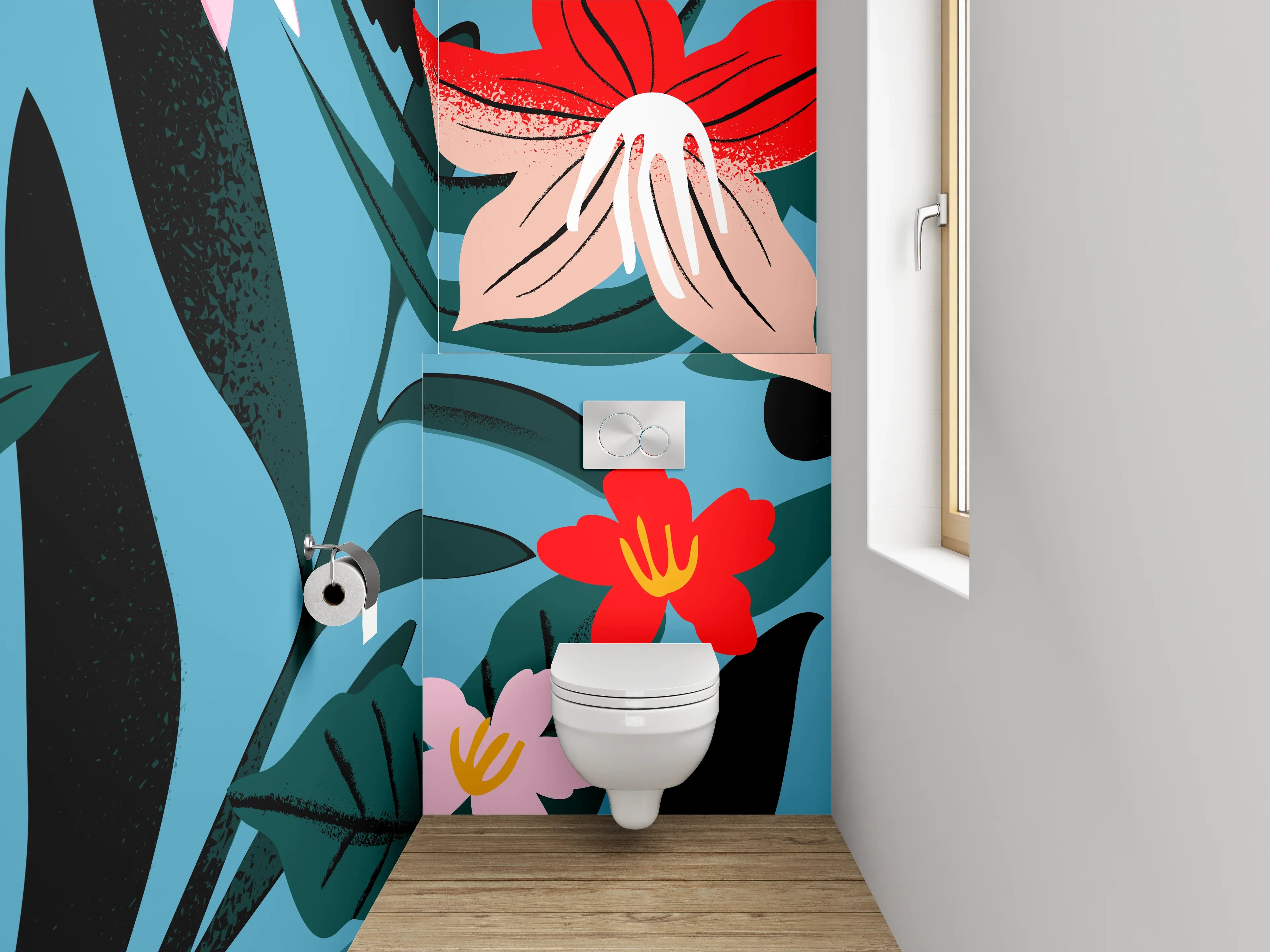 WC-Rückwand - Abstrakte florale Illustration auf Blau