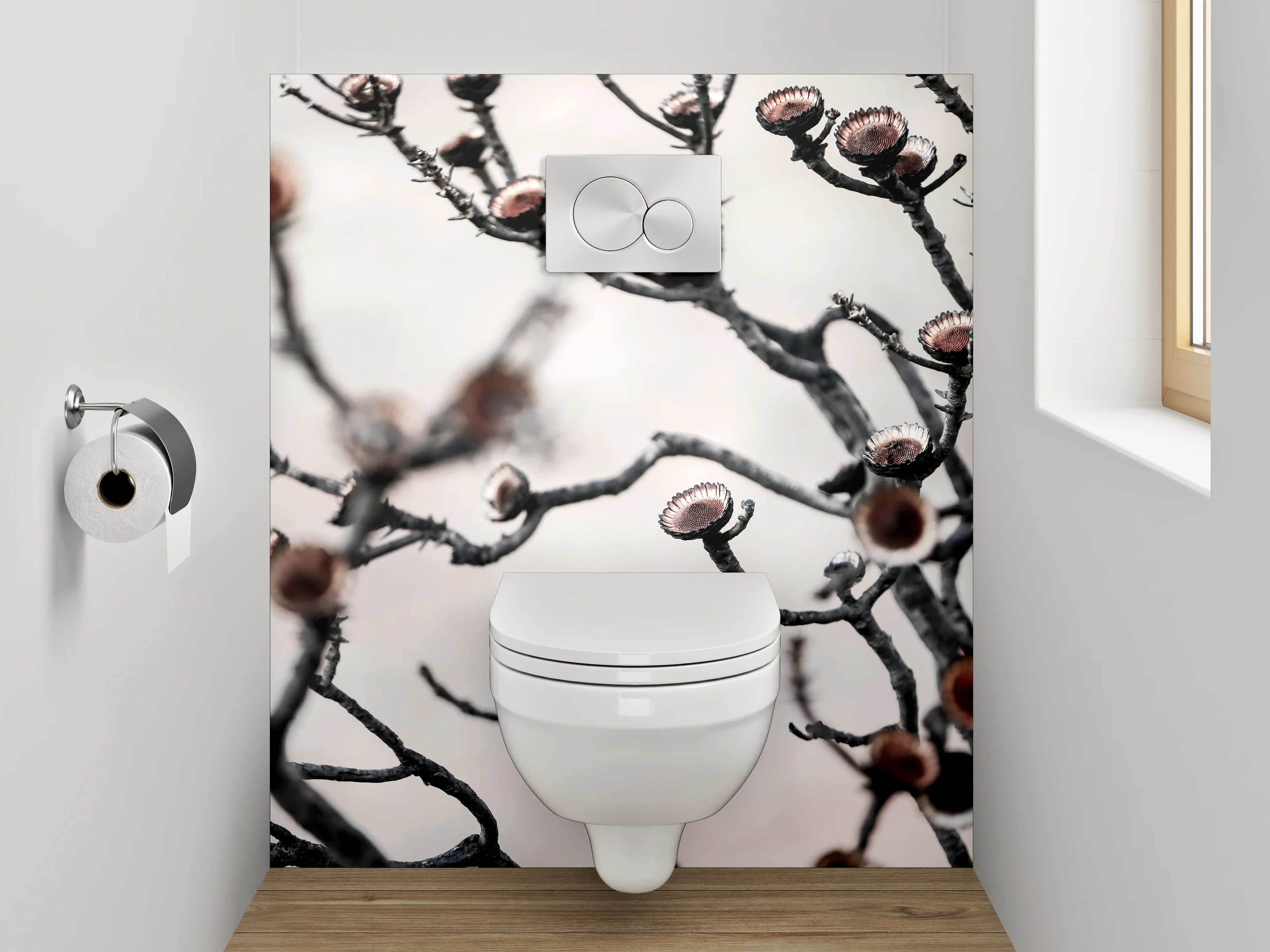 WC-Rückwand - Abstrakte getrocknete Blüten auf Weiß