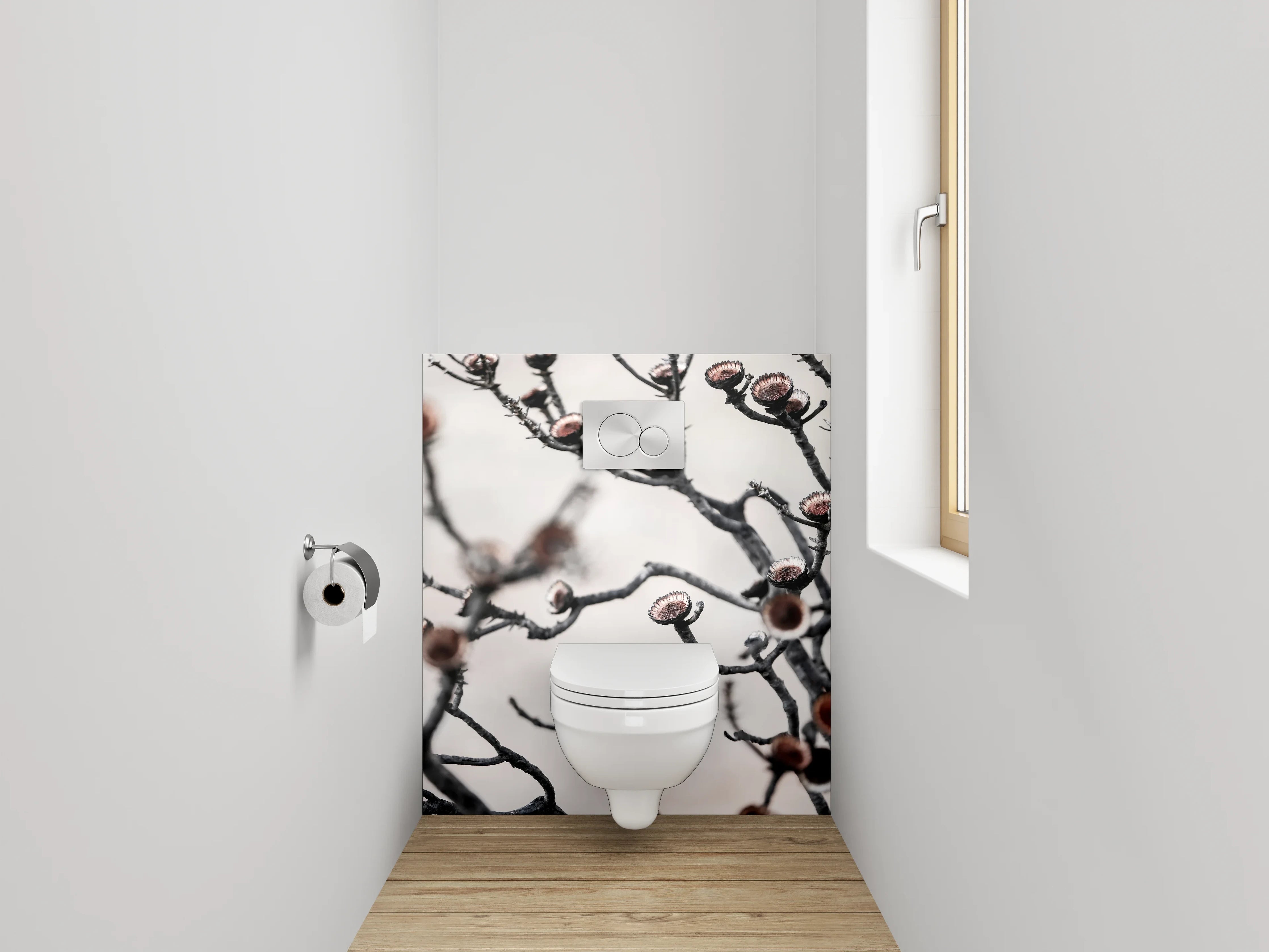 WC-Rückwand - Abstrakte getrocknete Blüten auf Weiß