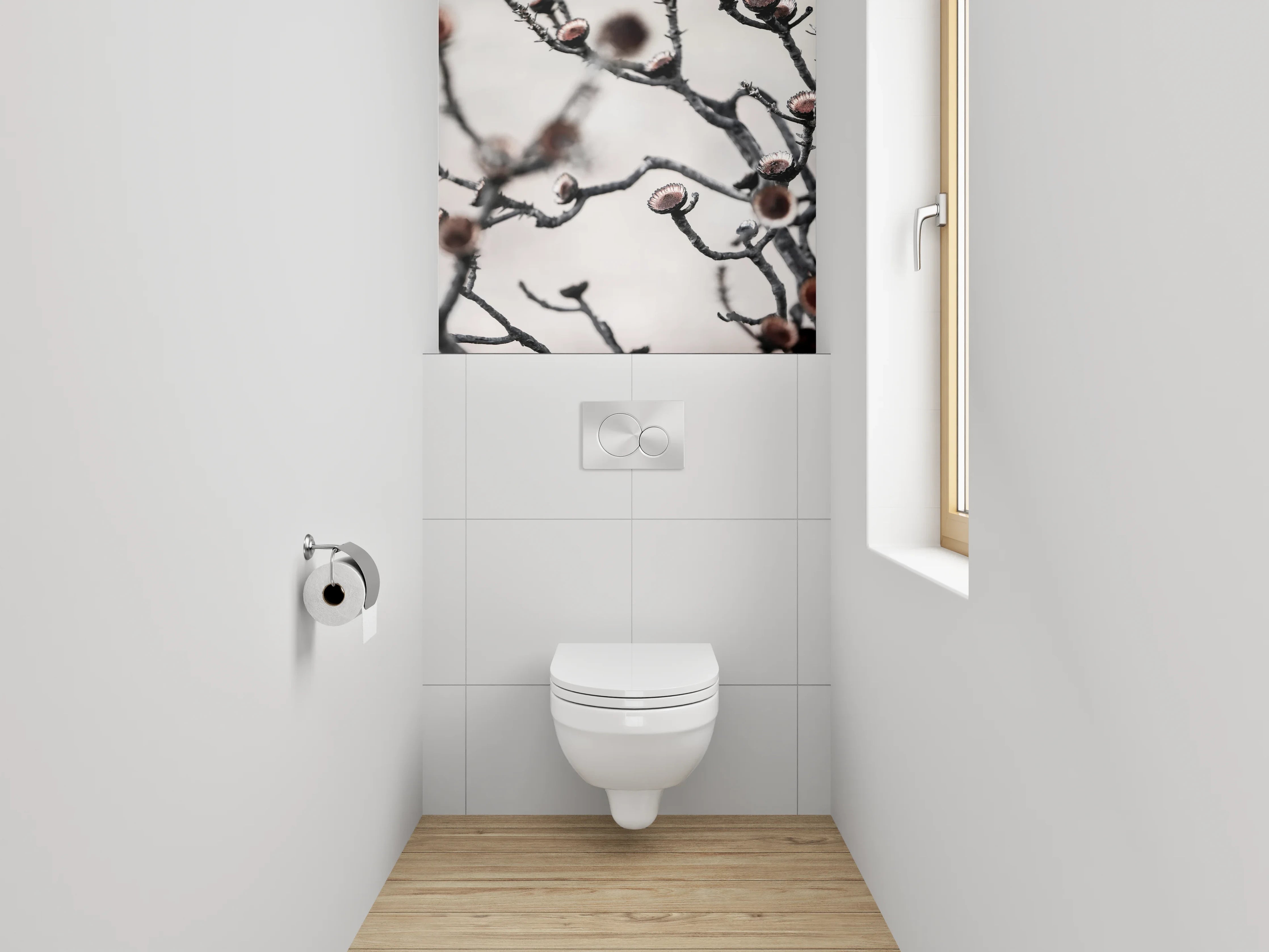 WC-Rückwand - Abstrakte getrocknete Blüten auf Weiß