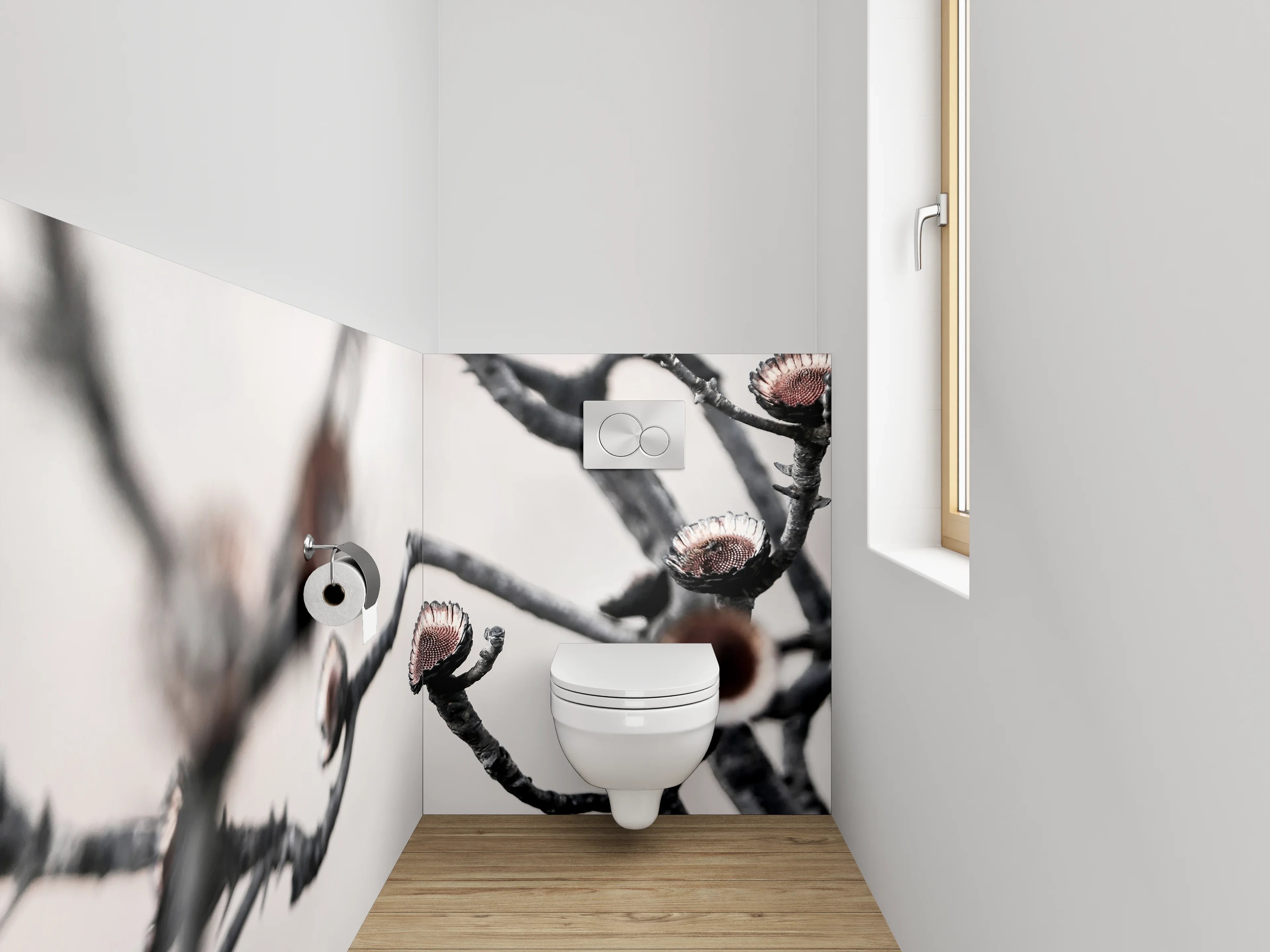 WC-Rückwand - Abstrakte getrocknete Blüten auf Weiß