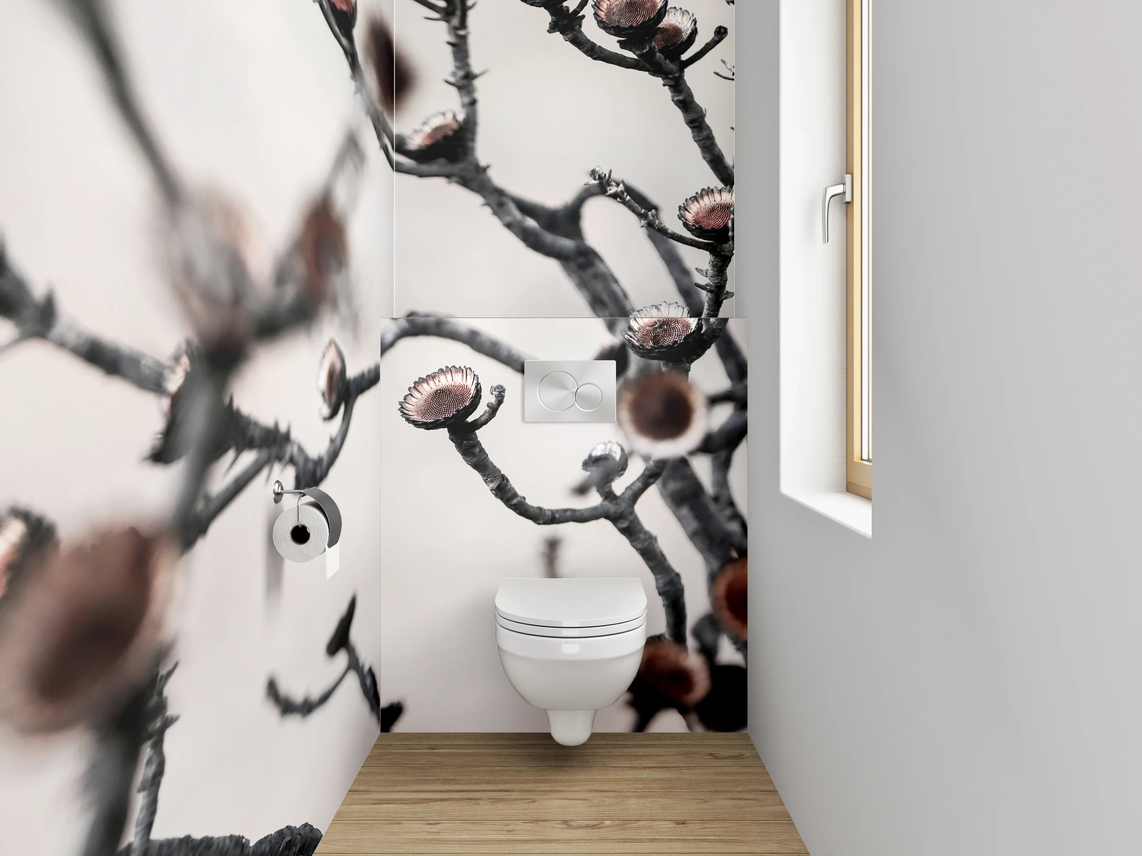 WC-Rückwand - Abstrakte getrocknete Blüten auf Weiß