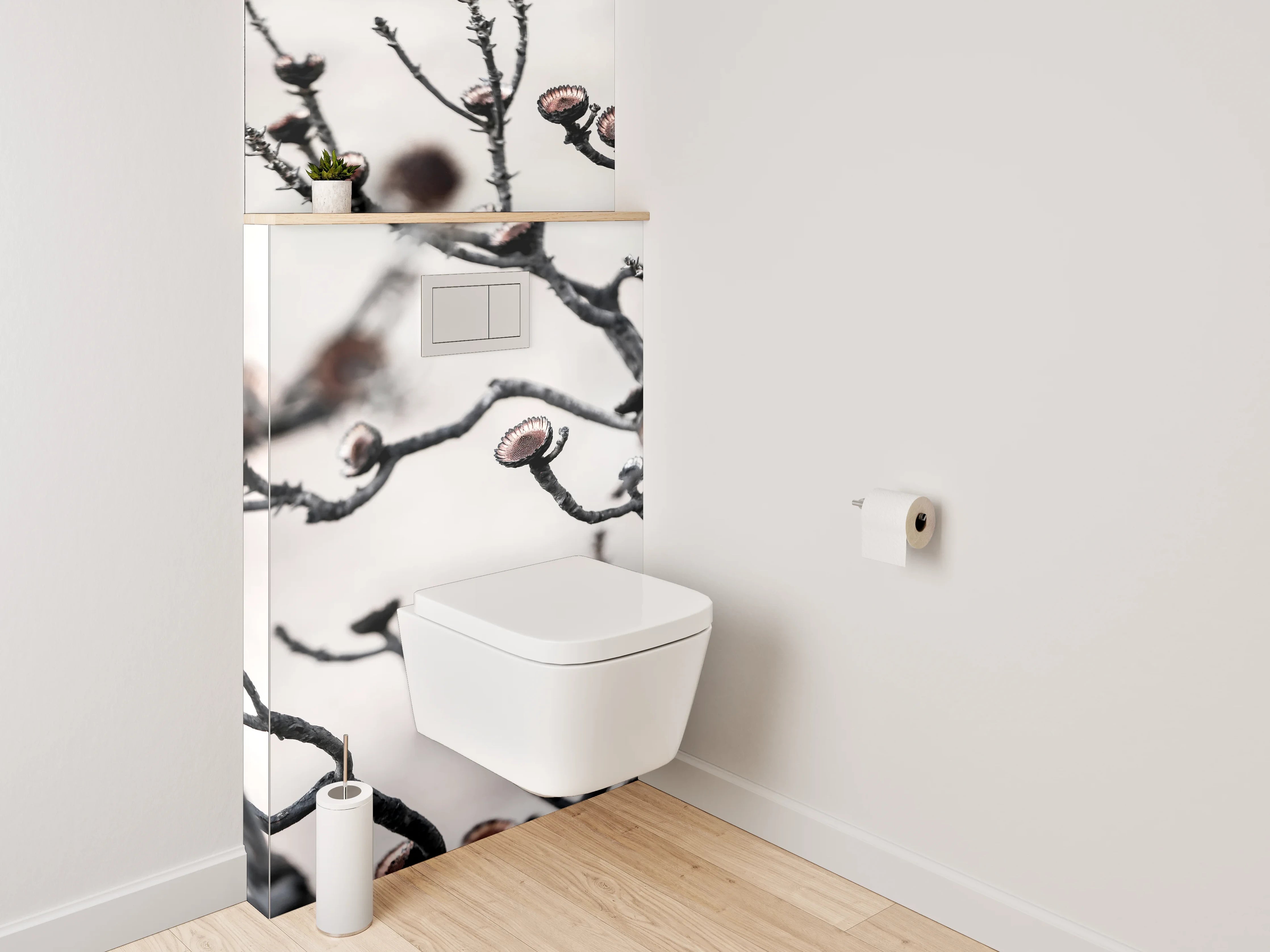 WC-Rückwand - Abstrakte getrocknete Blüten auf Weiß