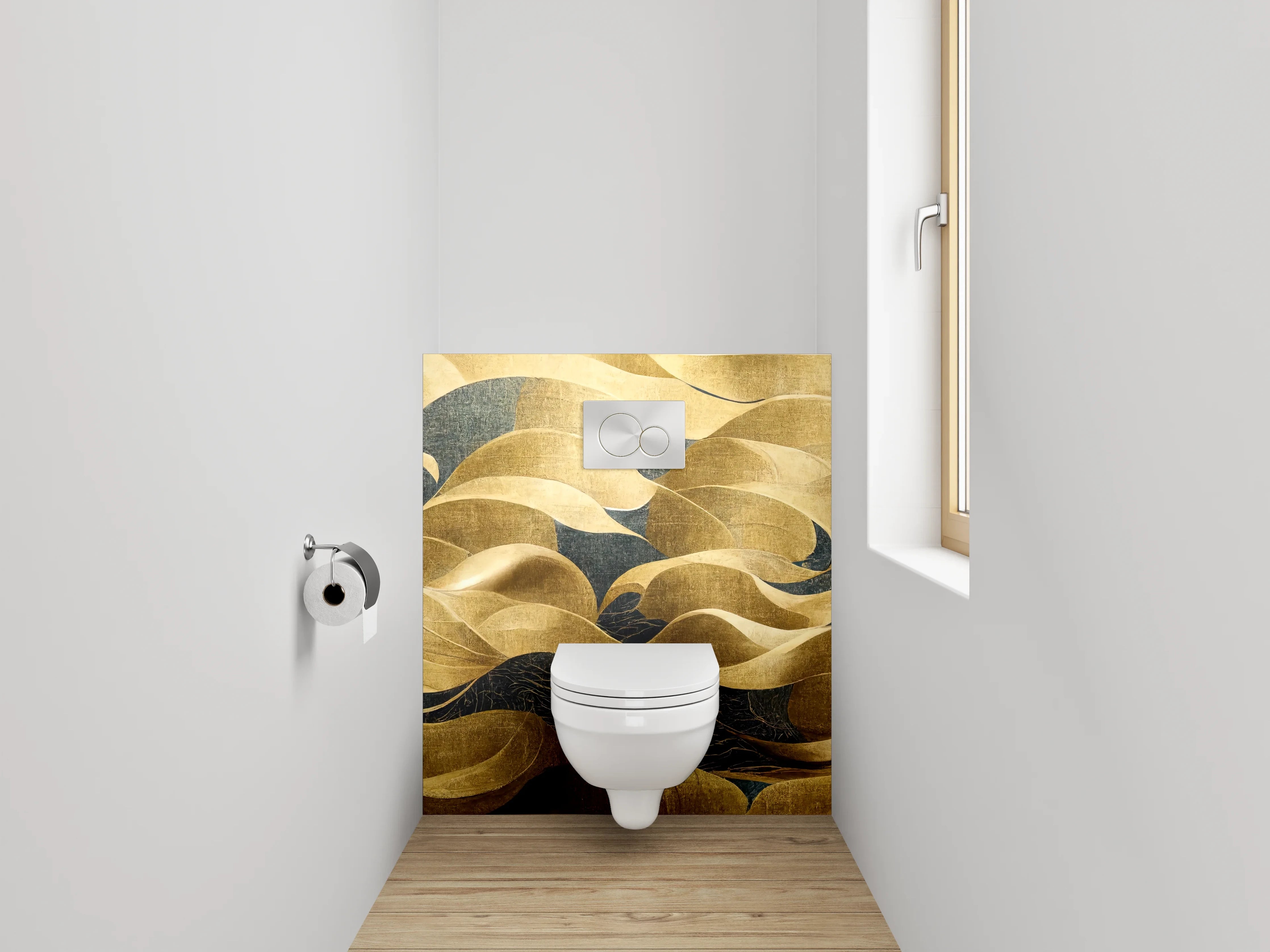WC-Rückwand - Abstrakte gold-blaue Wellenkunst Dekor
