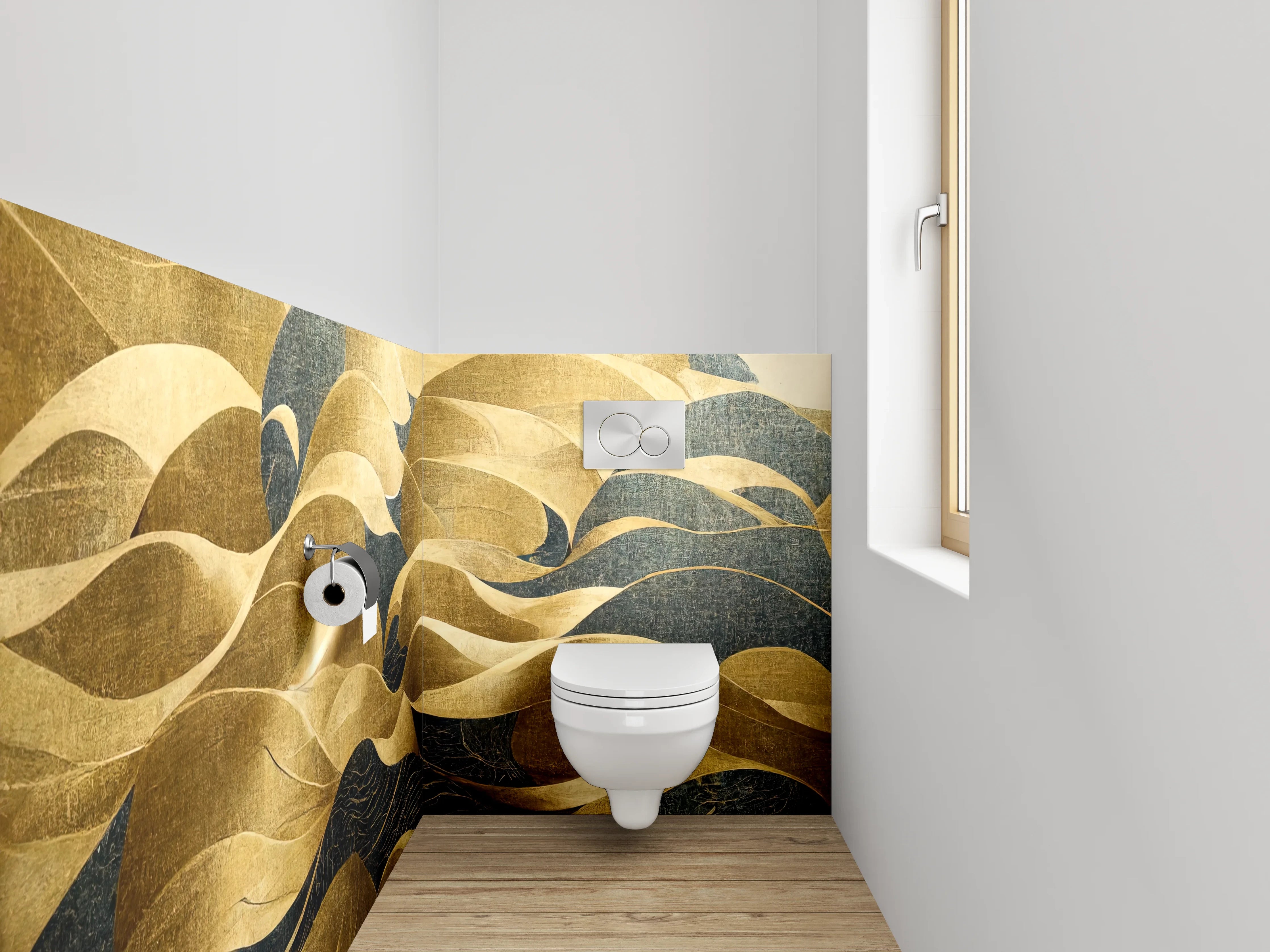 WC-Rückwand - Abstrakte gold-blaue Wellenkunst Dekor